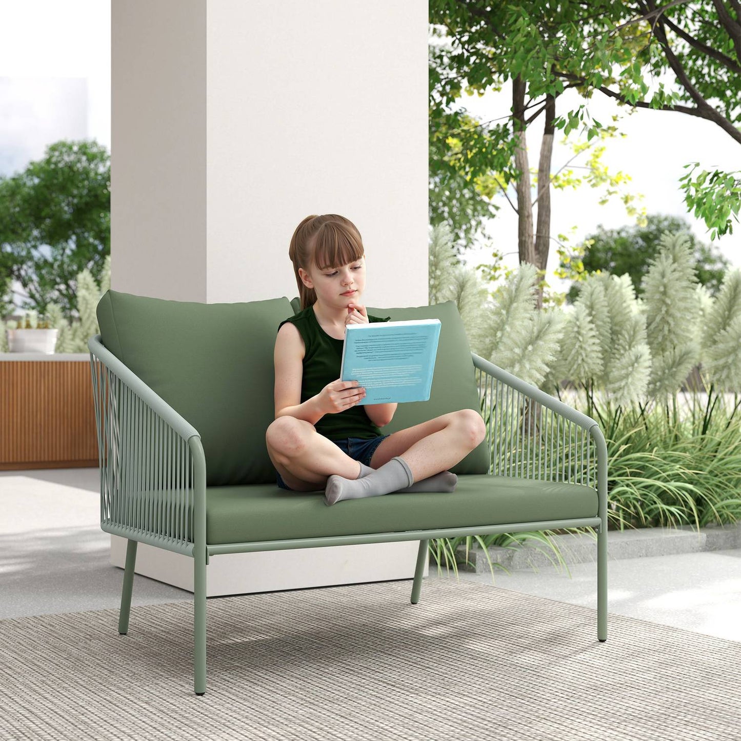 Outdoor 2-seater green rattan sofa with cushions