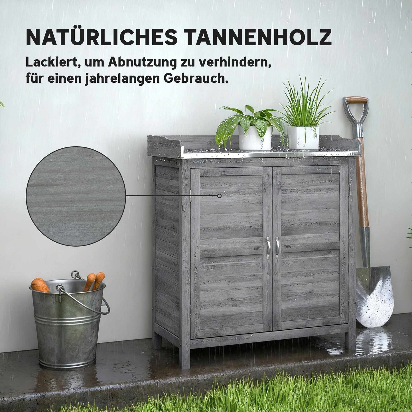 Garden Storage Cabinet with Metal Worktop, Grey Wood