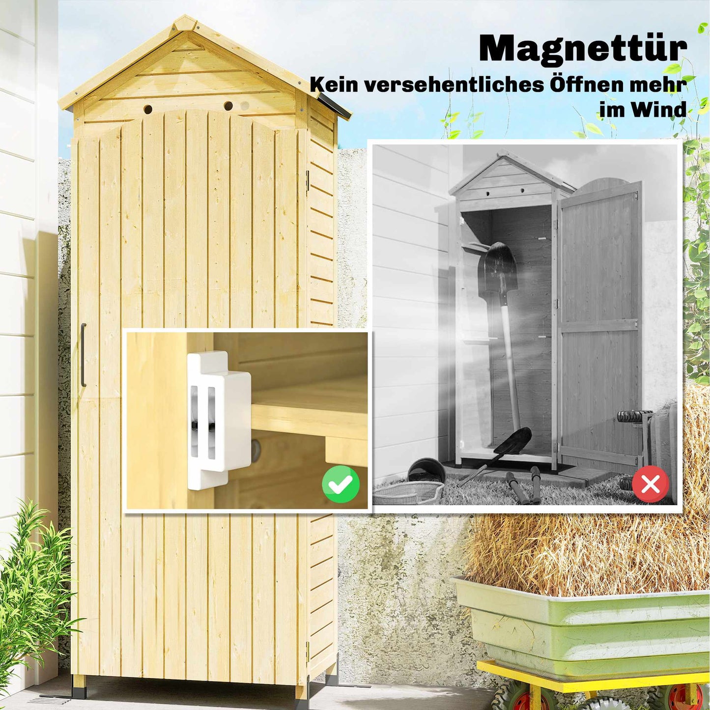 Garden Storage Shed, Tall Wooden Cabinet with Adjustable Shelves