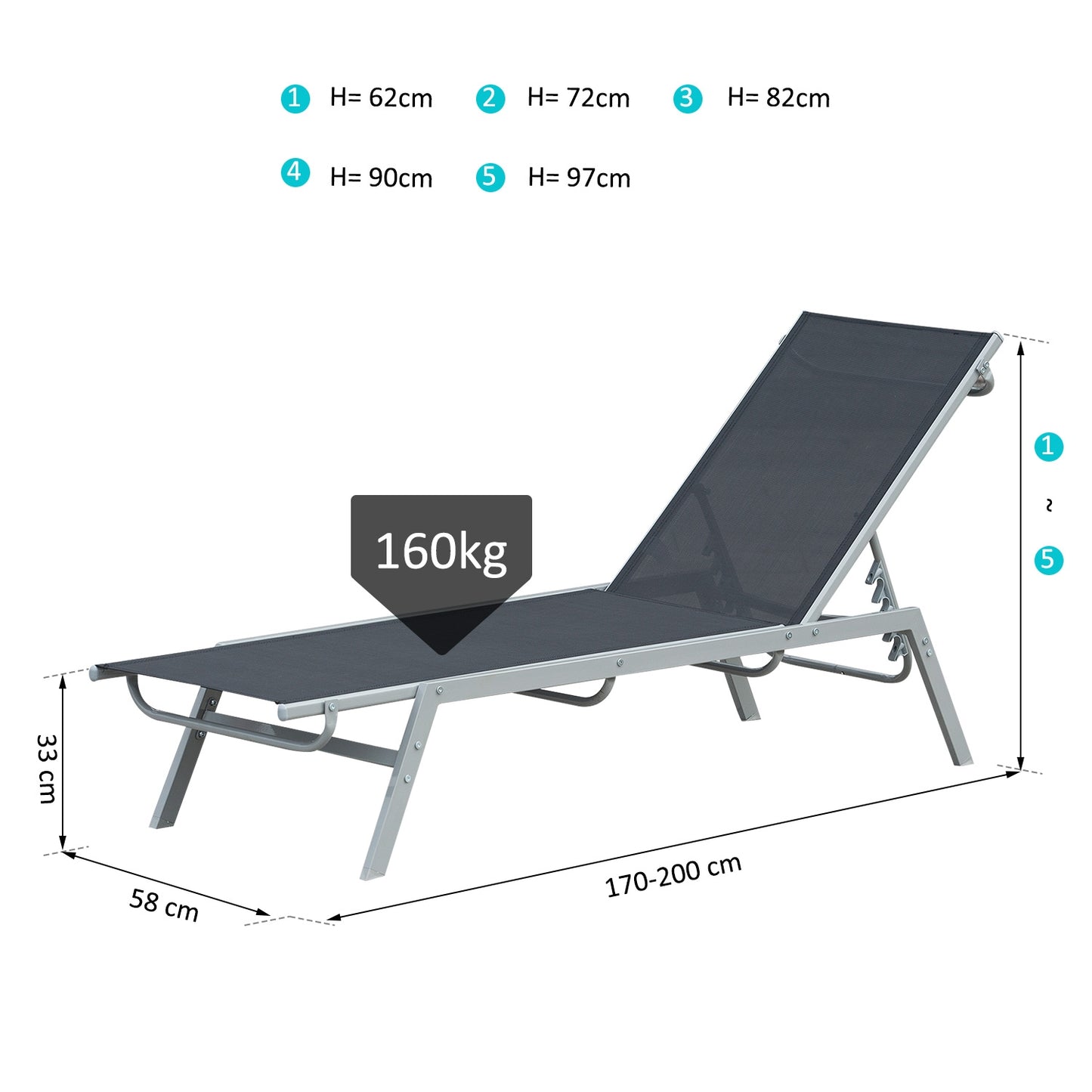 Outdoor sun lounger in metal, adjustable backrest in 5 positions
