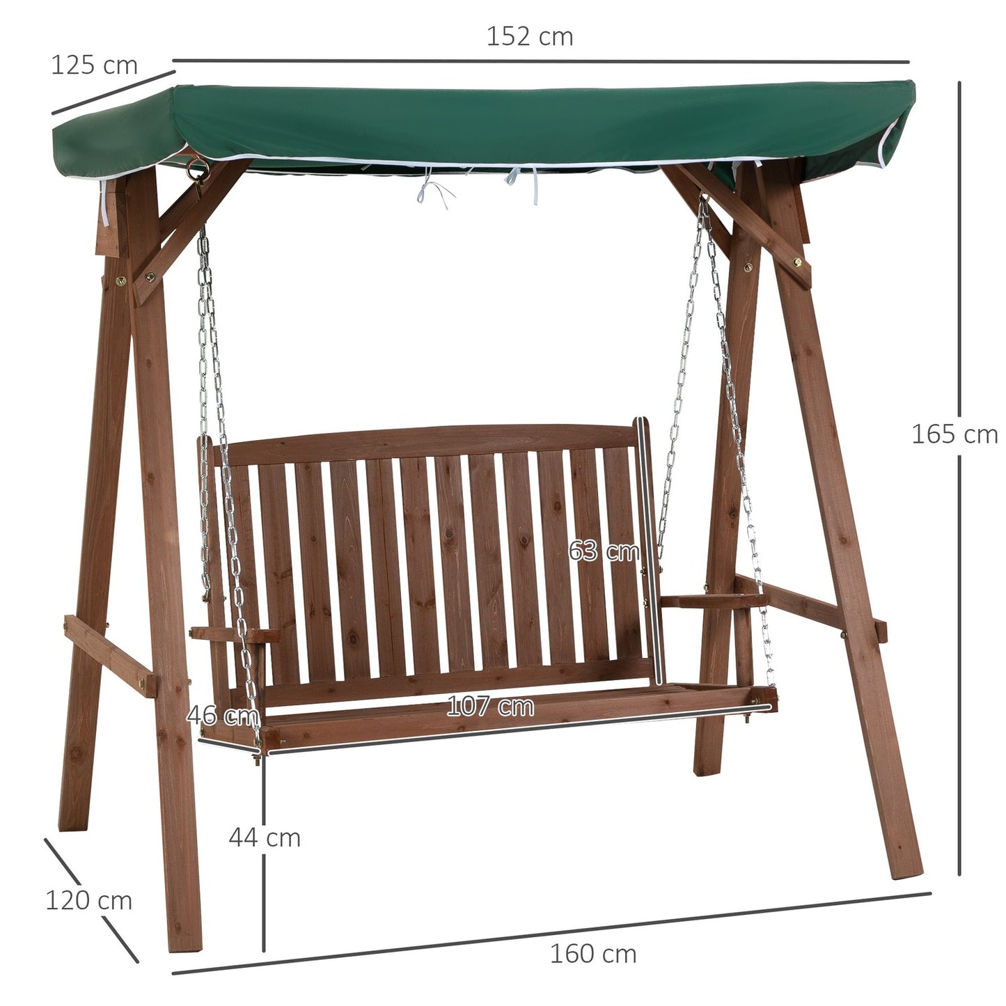 Garden swing in solid wood for 2, green, with roof cover