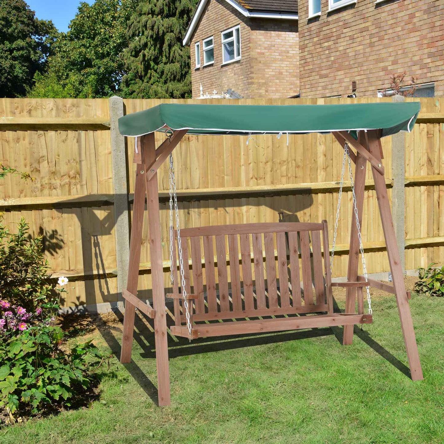 Garden swing in solid wood for 2, green, with roof cover