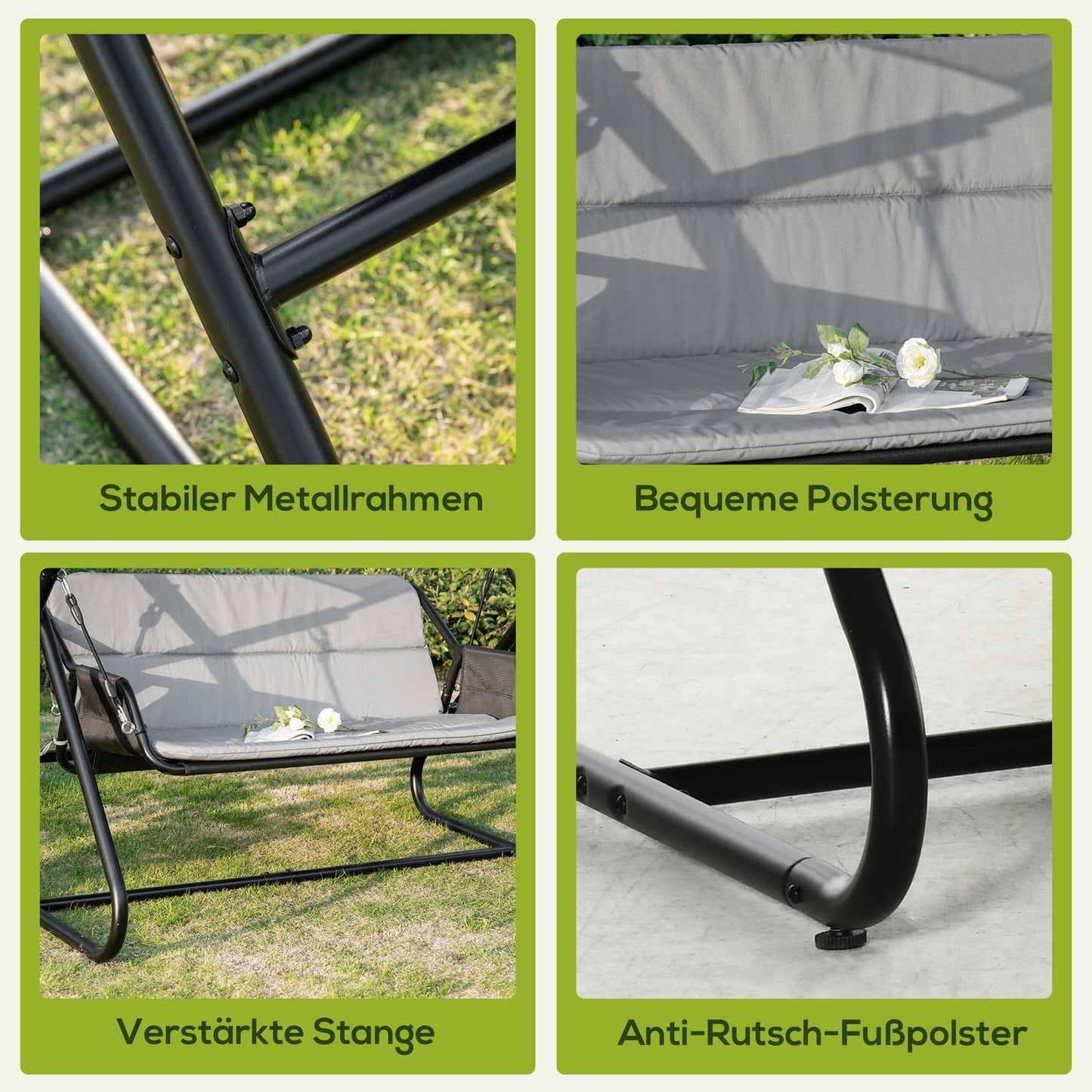 Outdoor Garden Swing Bench for 2 with Cushion - Black