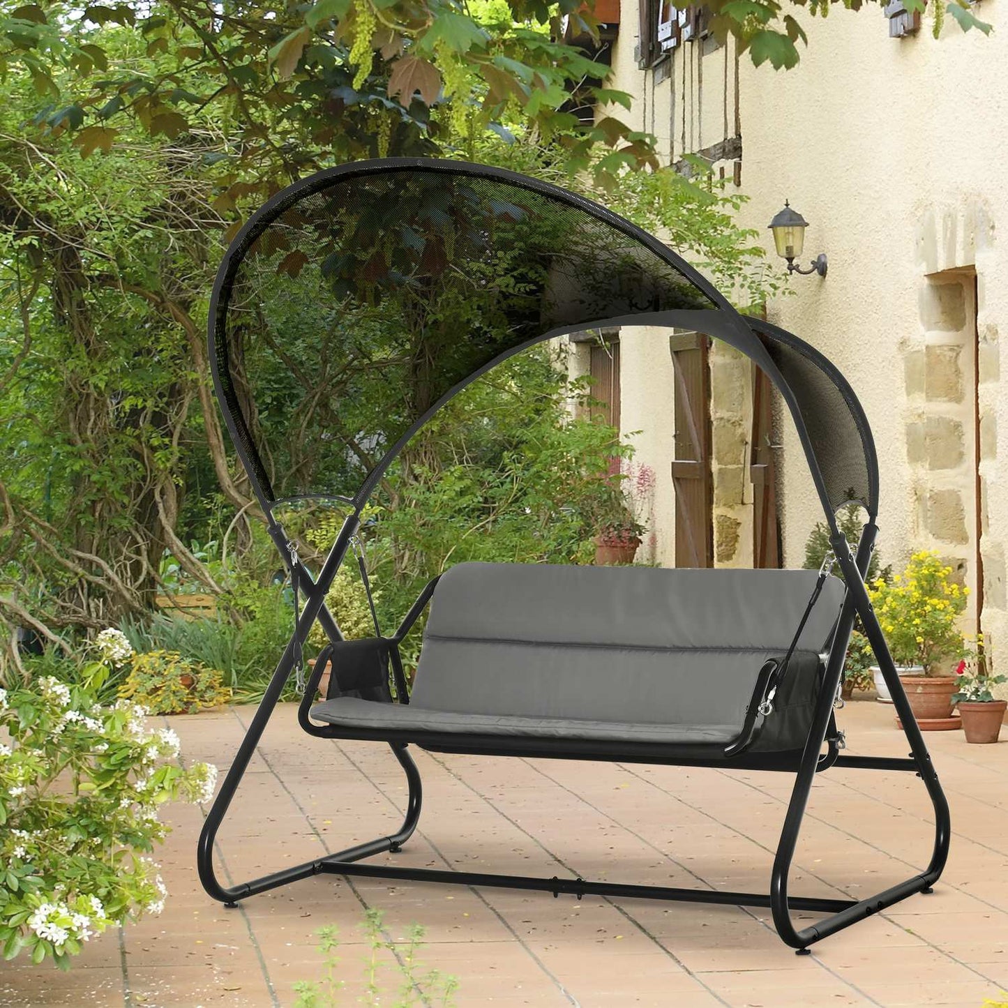 Outdoor Garden Swing Bench for 2 with Cushion - Black