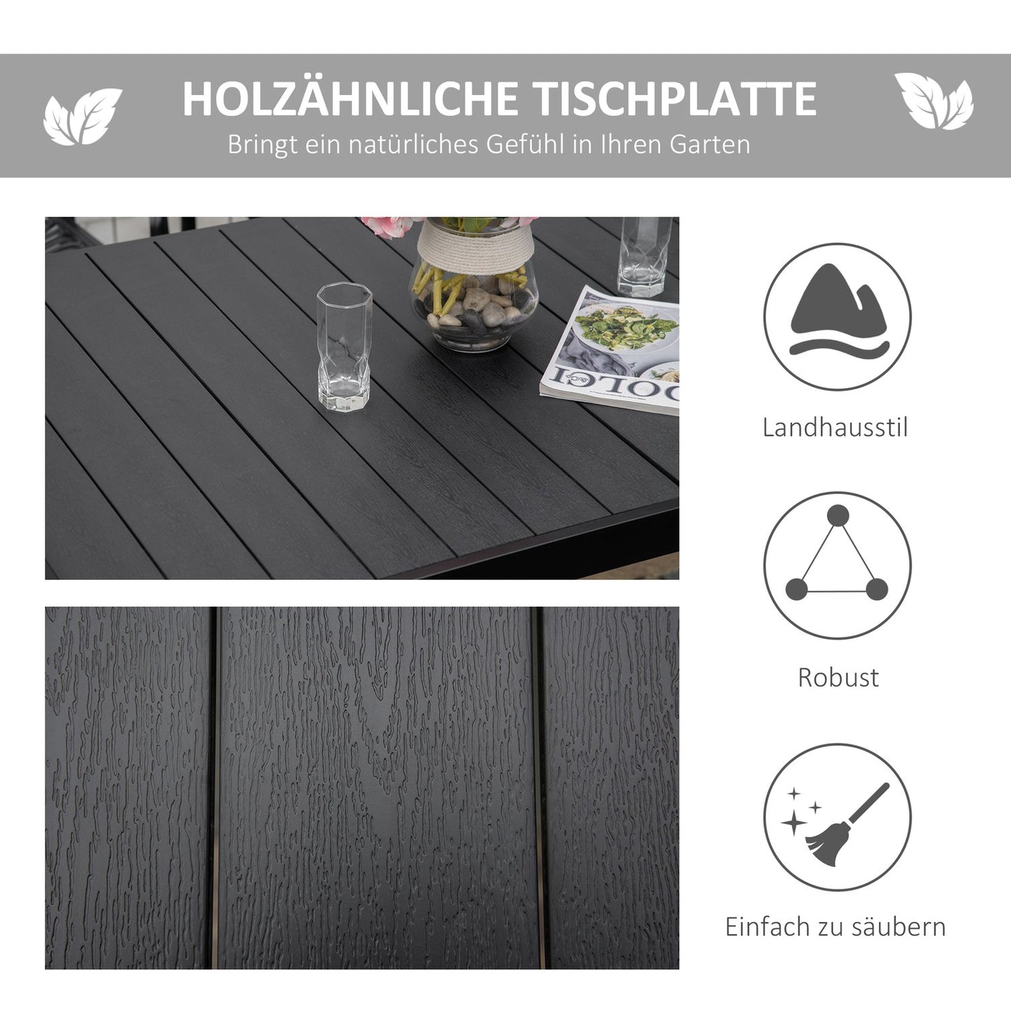 Outdoor dining table for 6, easy-care aluminium, black