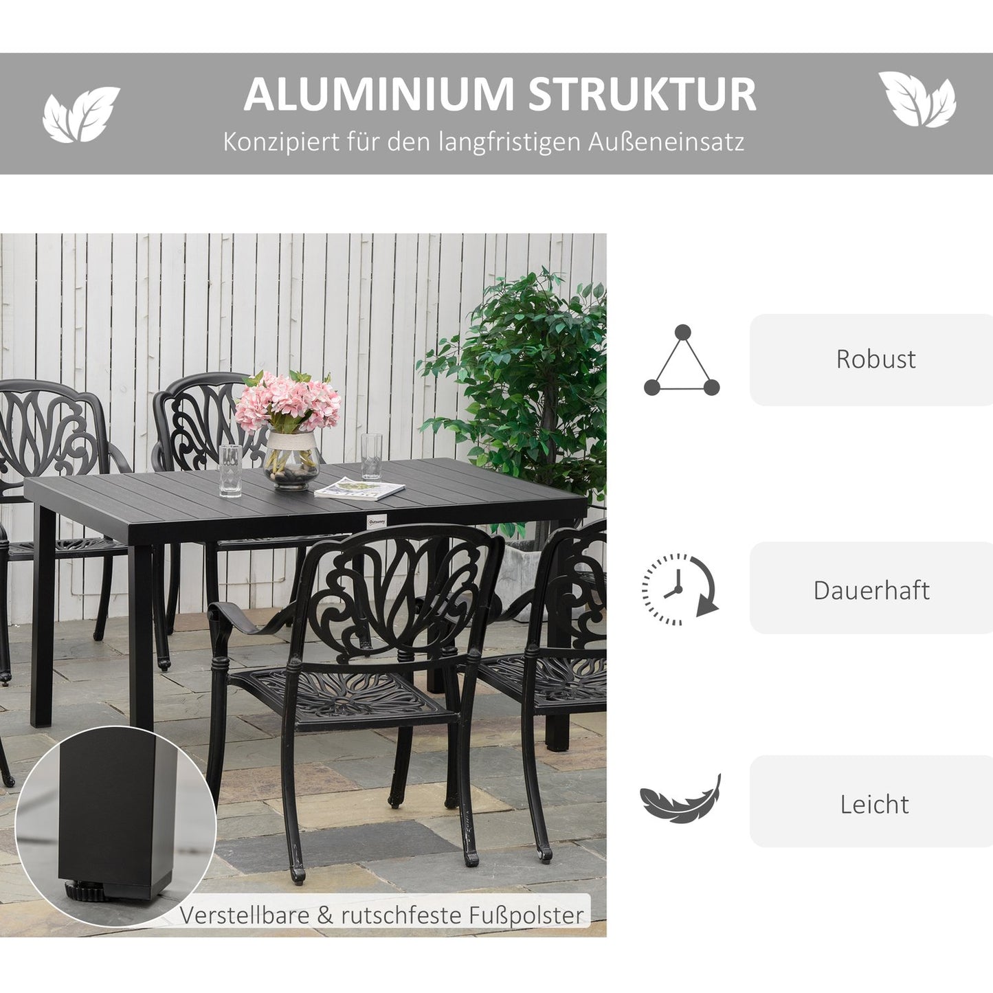 Outdoor dining table for 6, easy-care aluminium, black