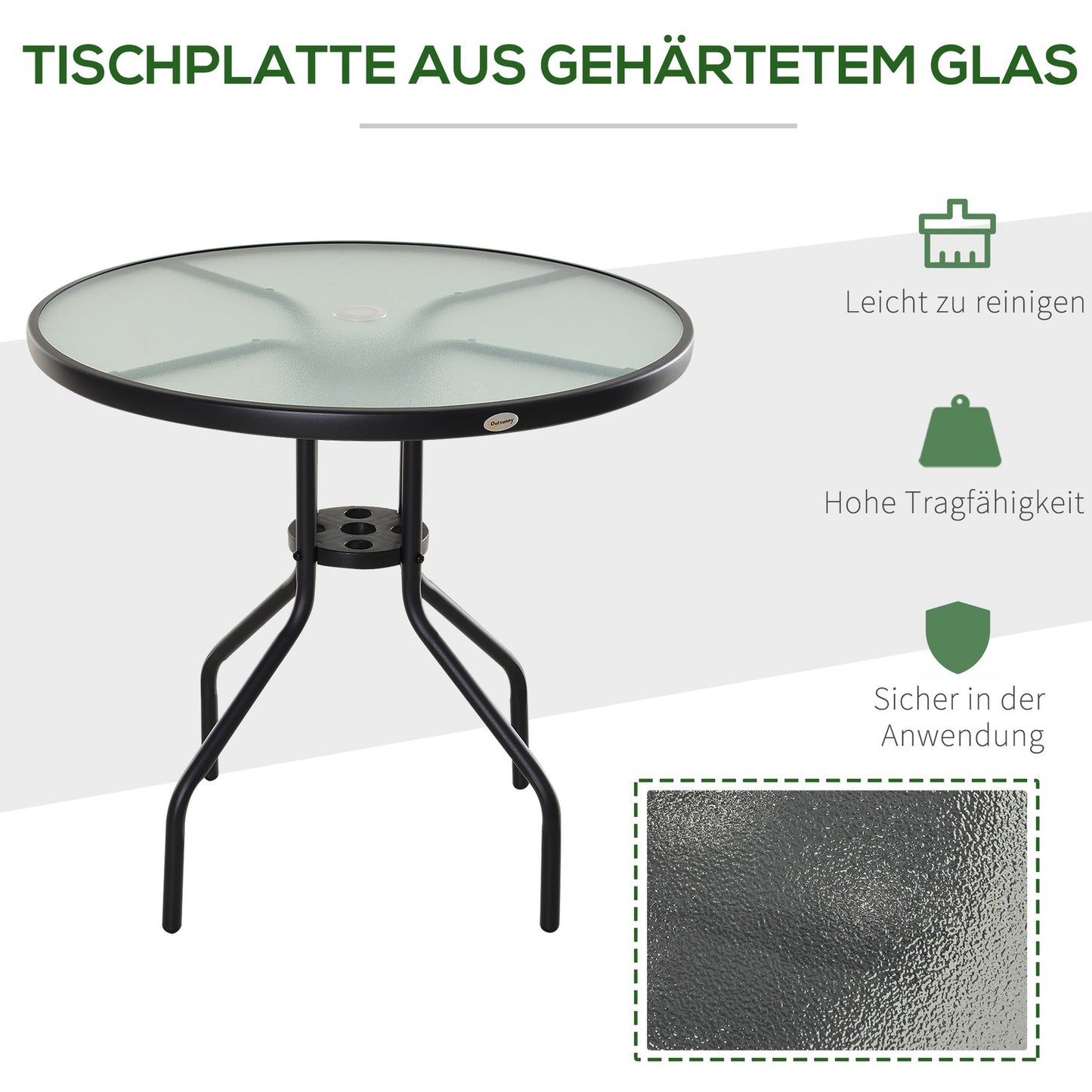 Black bistro table - Tempered glass top, 80 cm diameter