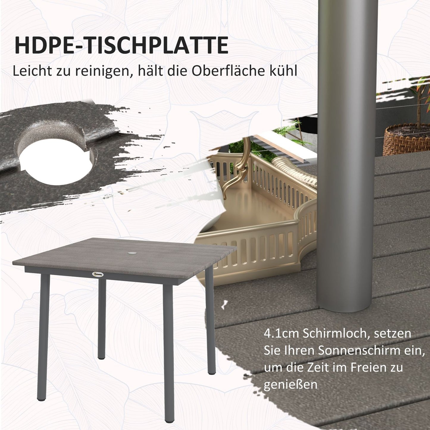 Patio dining table for 4, HDPE ribbed, dark grey, 90x90x75 cm