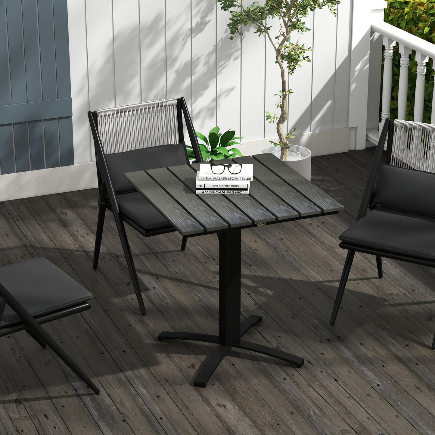 Square balcony dining table, wood look, aluminum grey