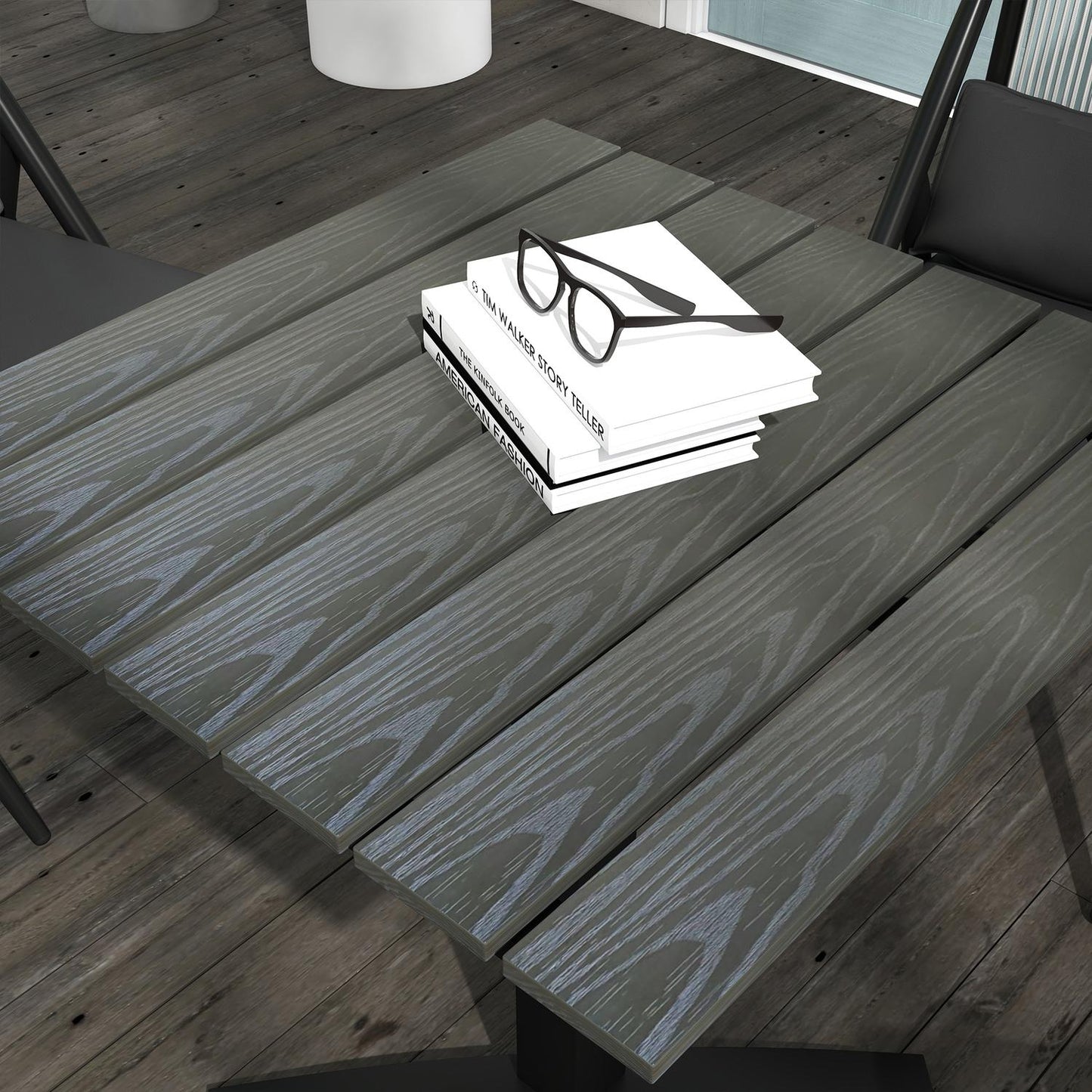 Square balcony dining table, wood look, aluminum grey