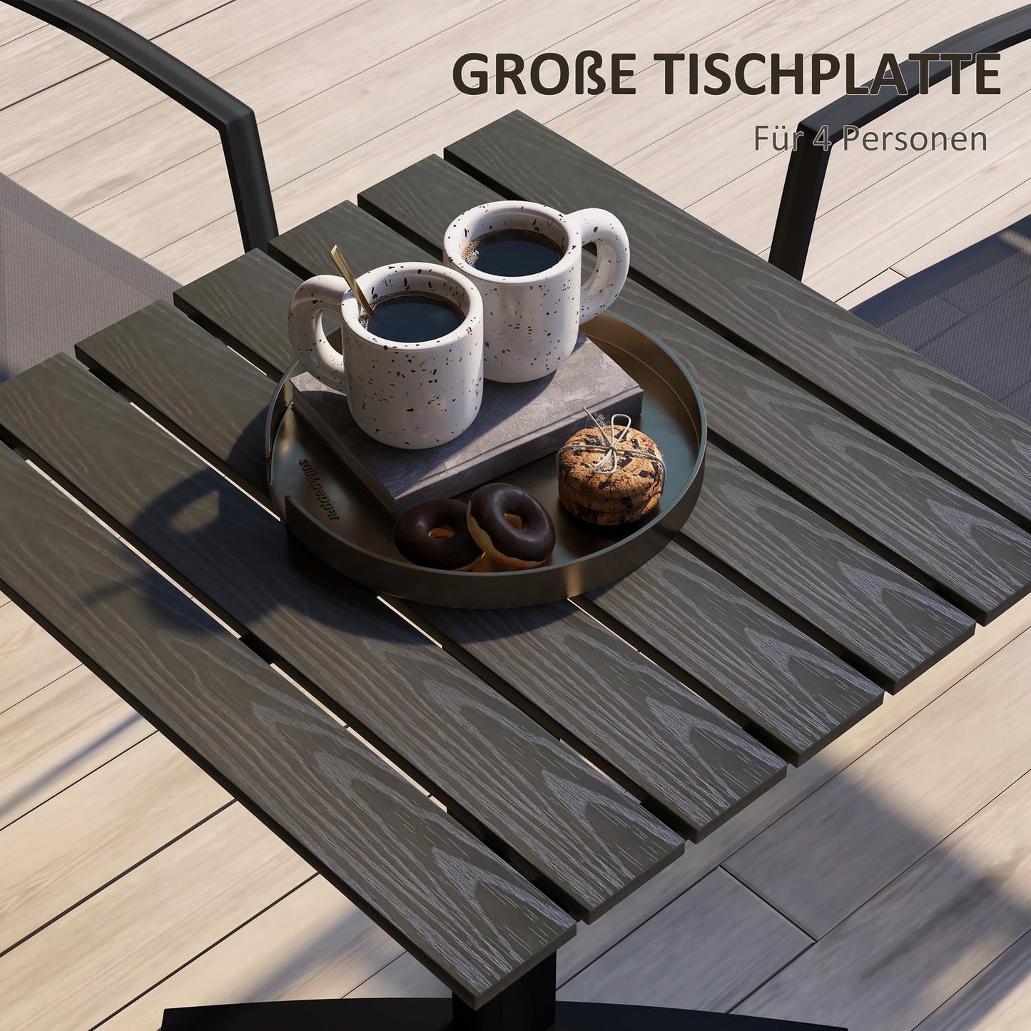 Square balcony dining table, wood look, aluminum grey