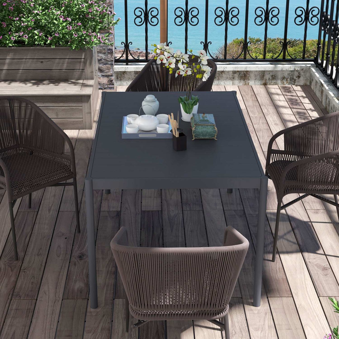 Aluminum patio dining table for 6, dark grey, 145x90x74 cm