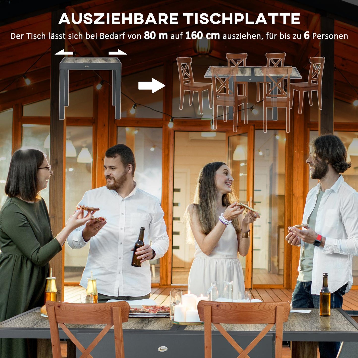 Extendable patio dining table in aluminum - wood look, beige/grey