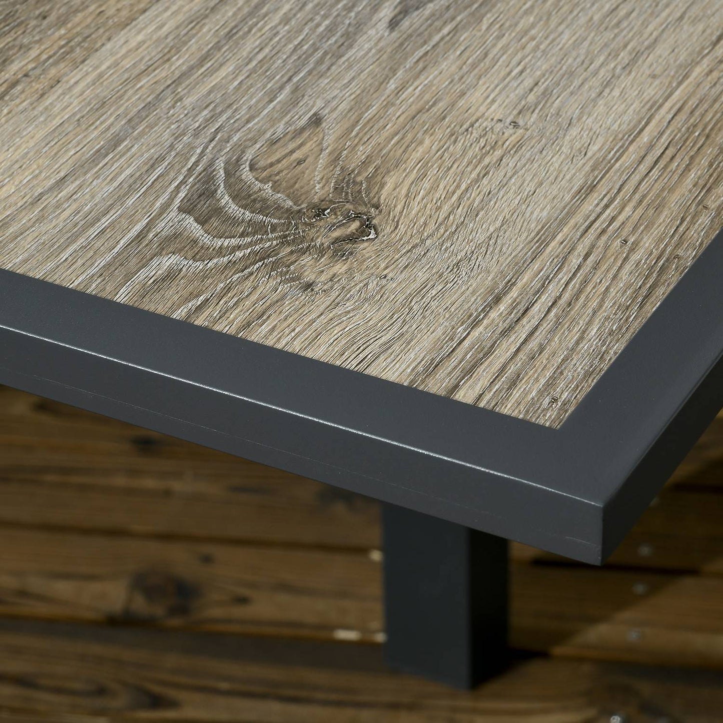 Extendable patio dining table in aluminum - wood look, beige/grey