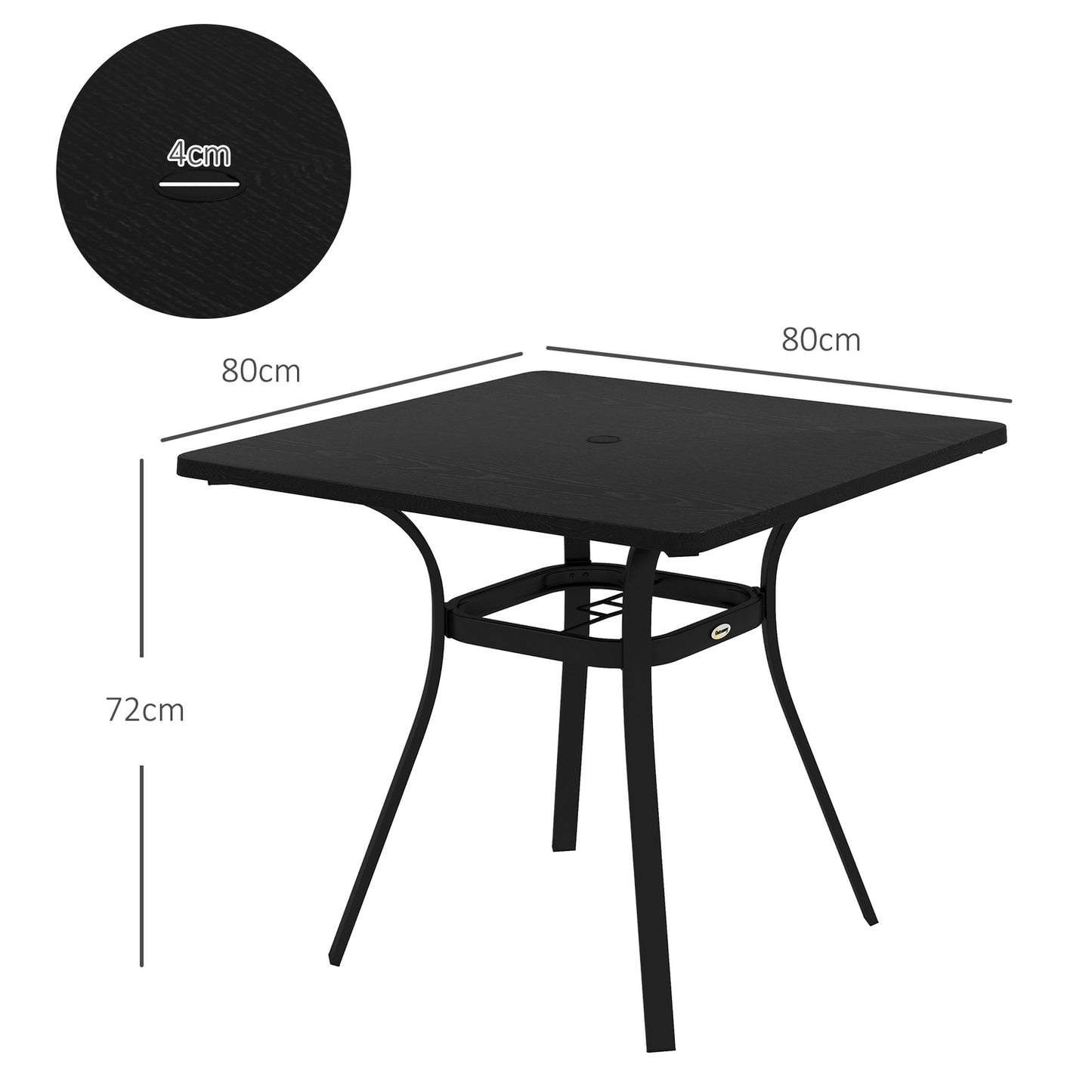 Square Garden Dining Table, Steel, 4-Seater, Black, 80x80 cm