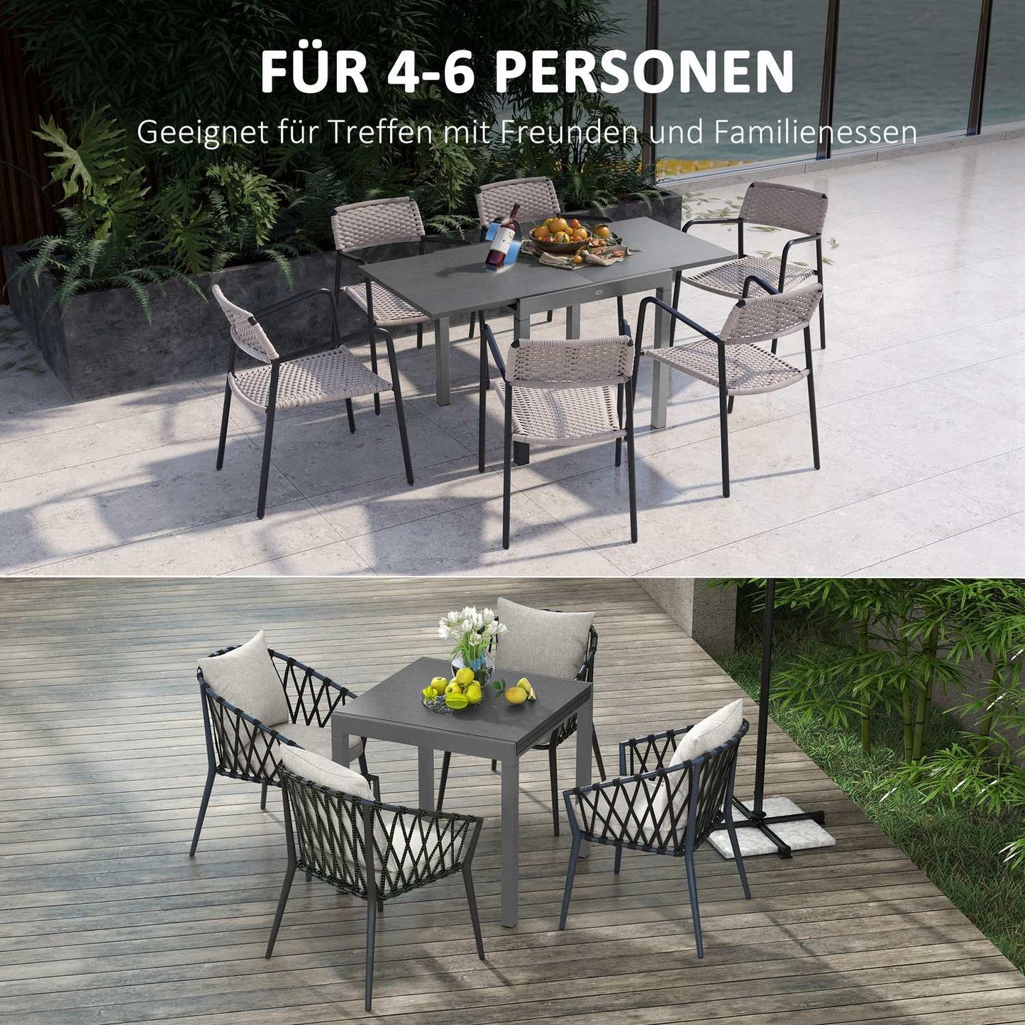 Extendable patio table, wooden look, 6 chairs, steel