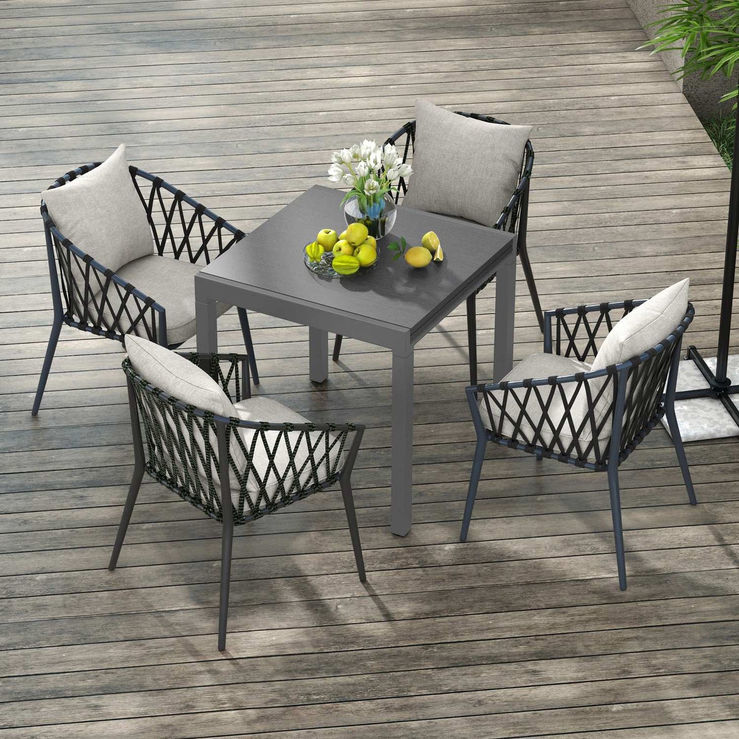 Extendable patio table, wooden look, 6 chairs, steel