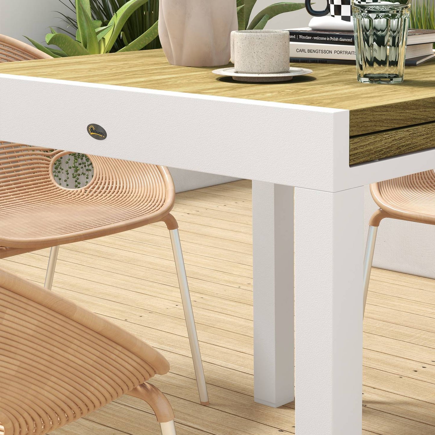 Extendable patio dining table, wood look, fits 6, white