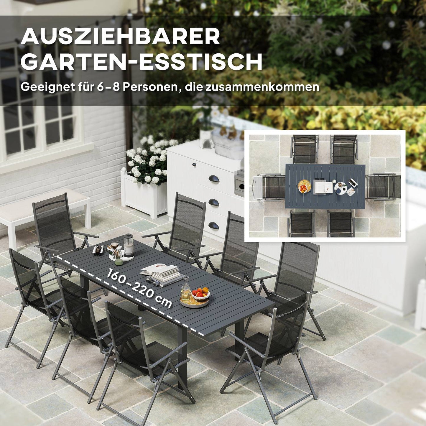 Aluminum garden dining table, extendable weatherproof - gray