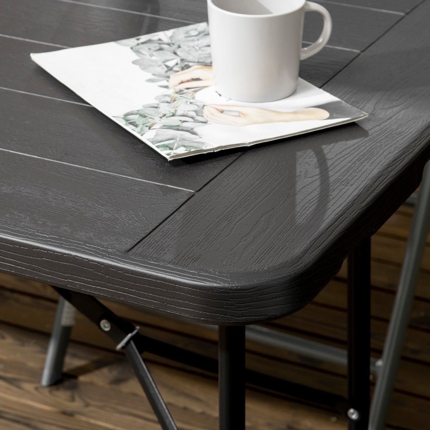 Folding patio dining table for 6, wood look, dark grey