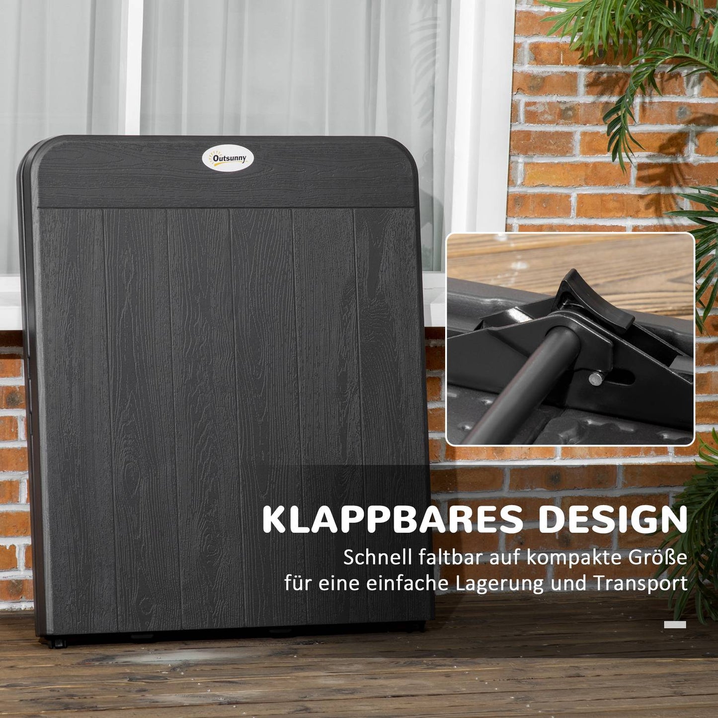 Folding patio dining table for 6, wood look, dark grey