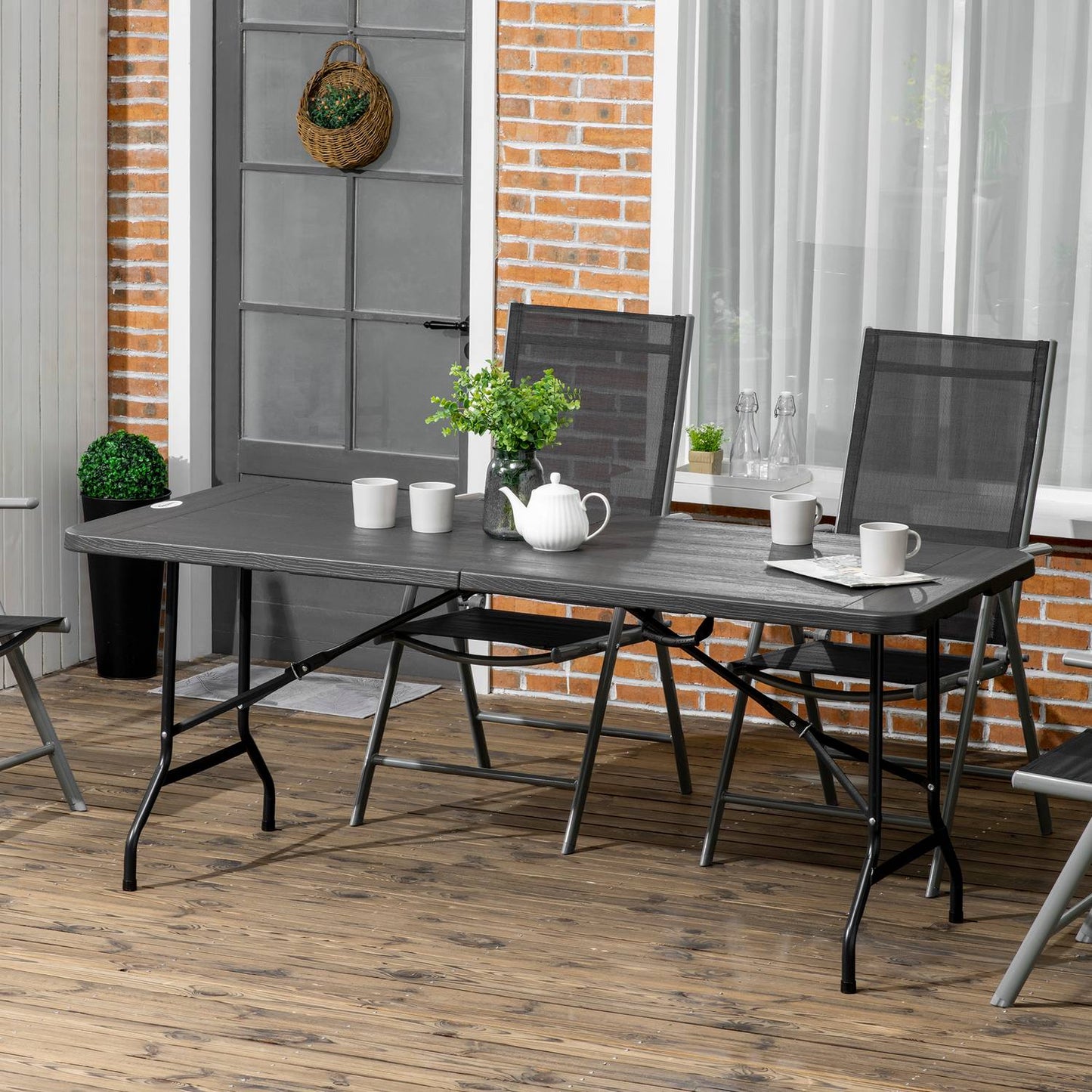 Folding patio dining table for 6, wood look, dark grey