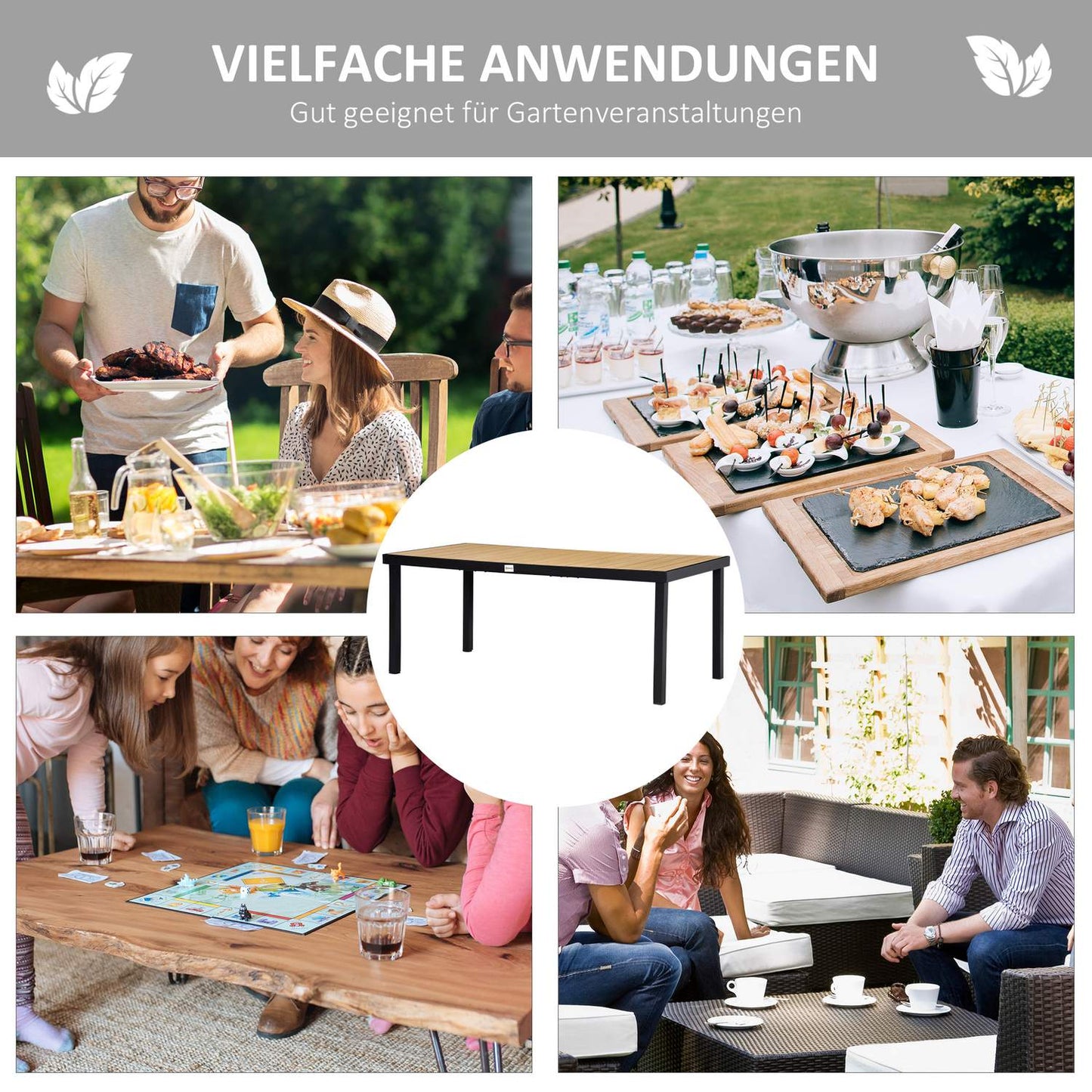 Aluminum garden dining table for 8, easy-care finish