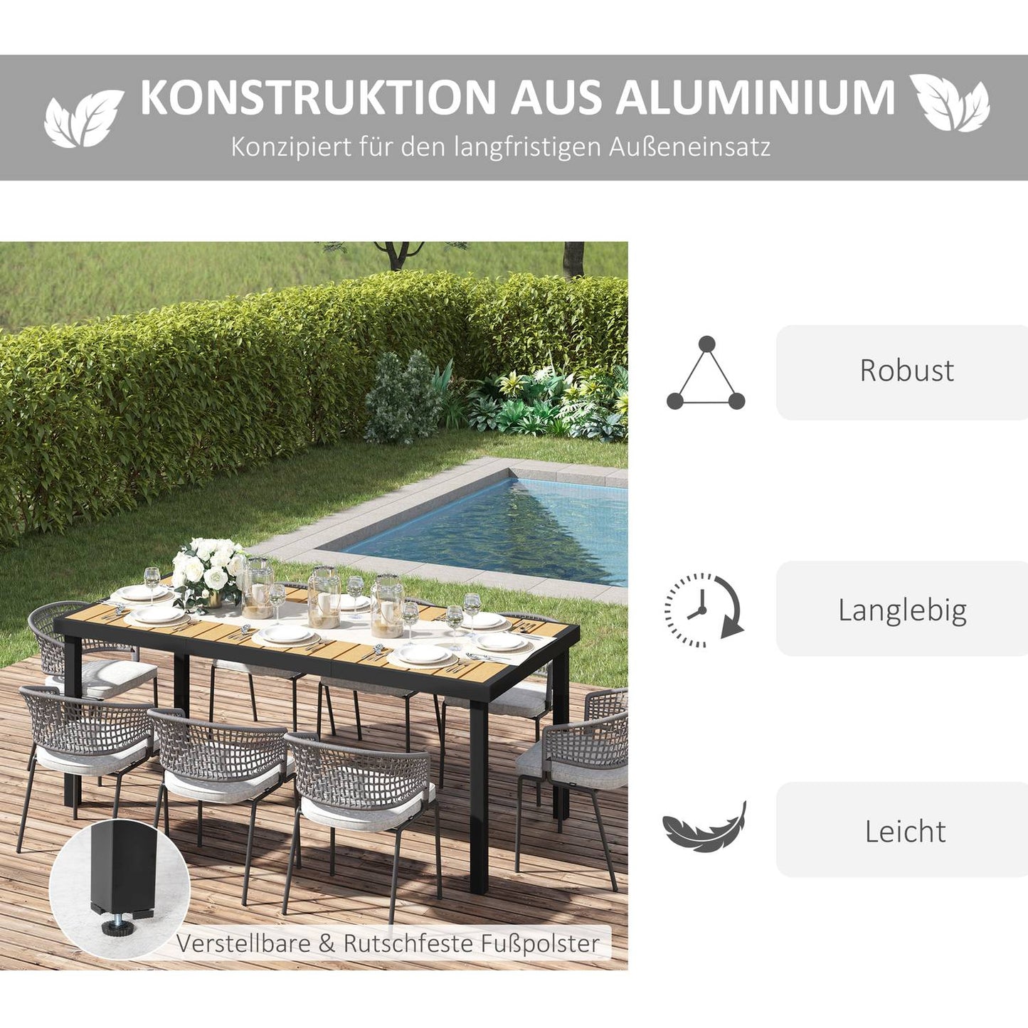Aluminum garden dining table for 8, easy-care finish
