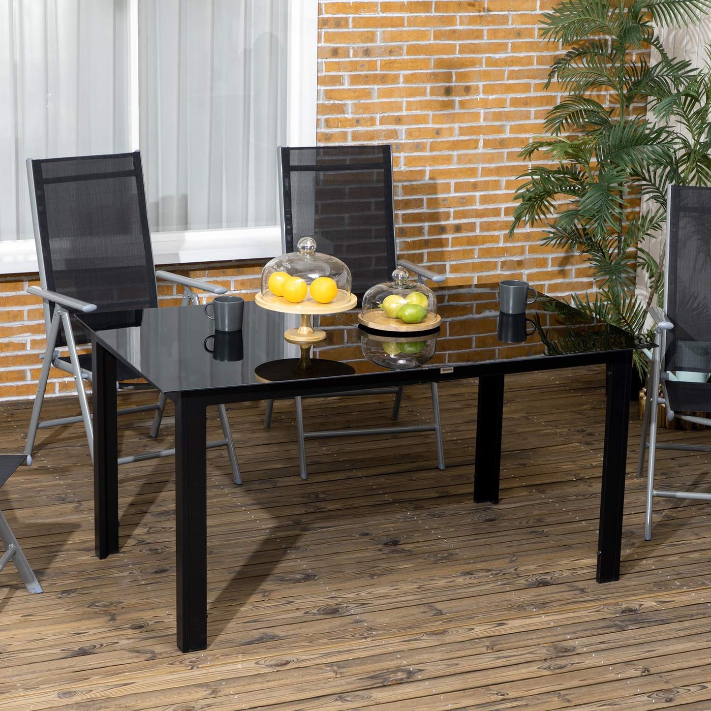 Aluminum outdoor dining table for 6, Glass top, Black