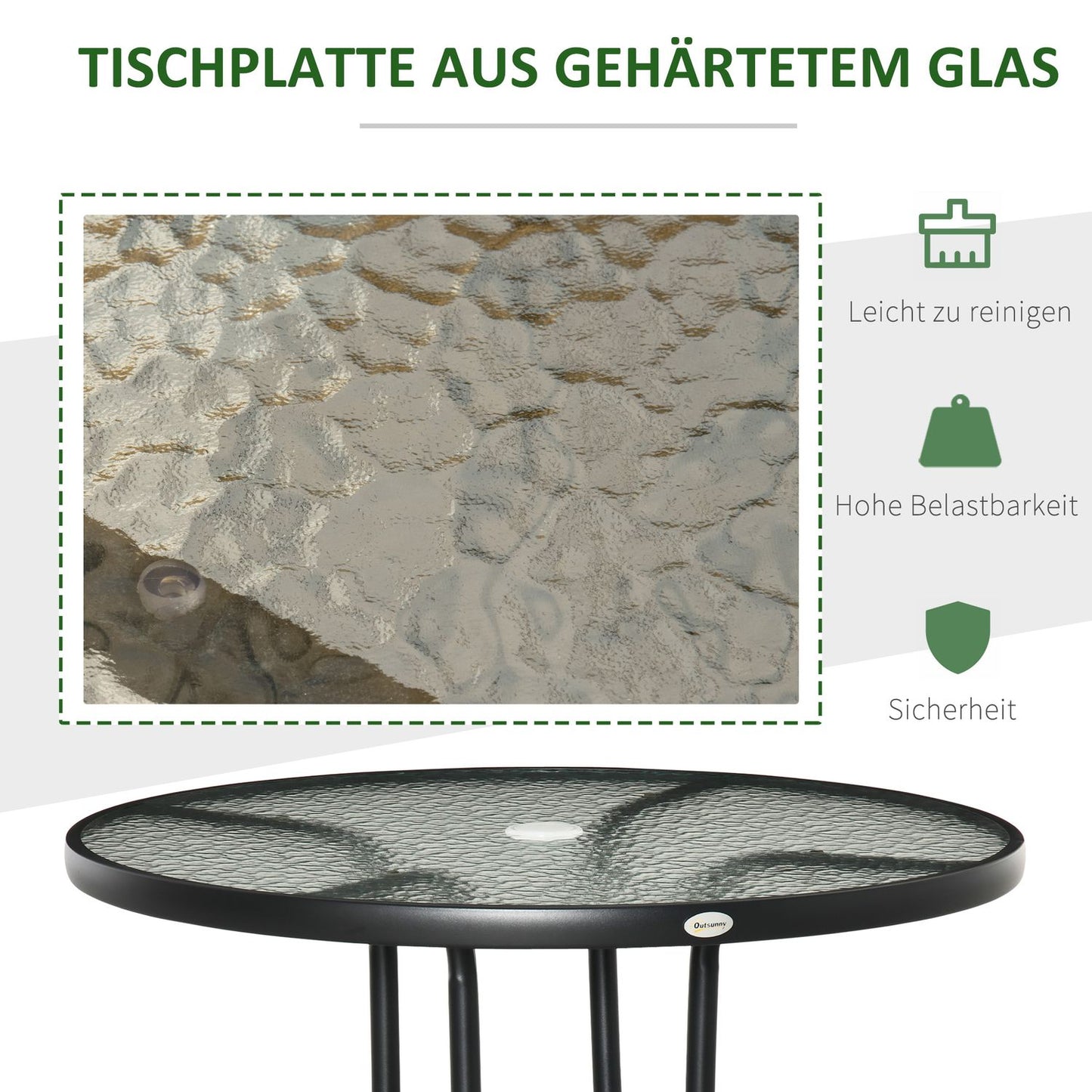Outdoor bistro table, tempered glass & metal, black, 80cm
