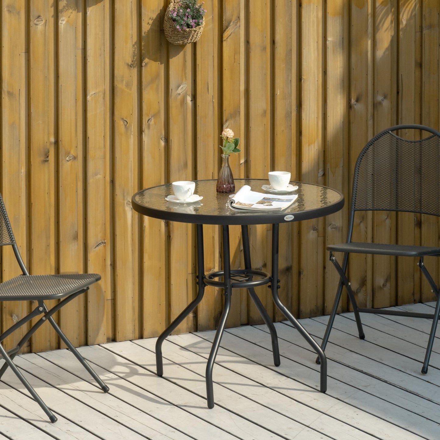 Outdoor bistro table, tempered glass & metal, black, 80cm