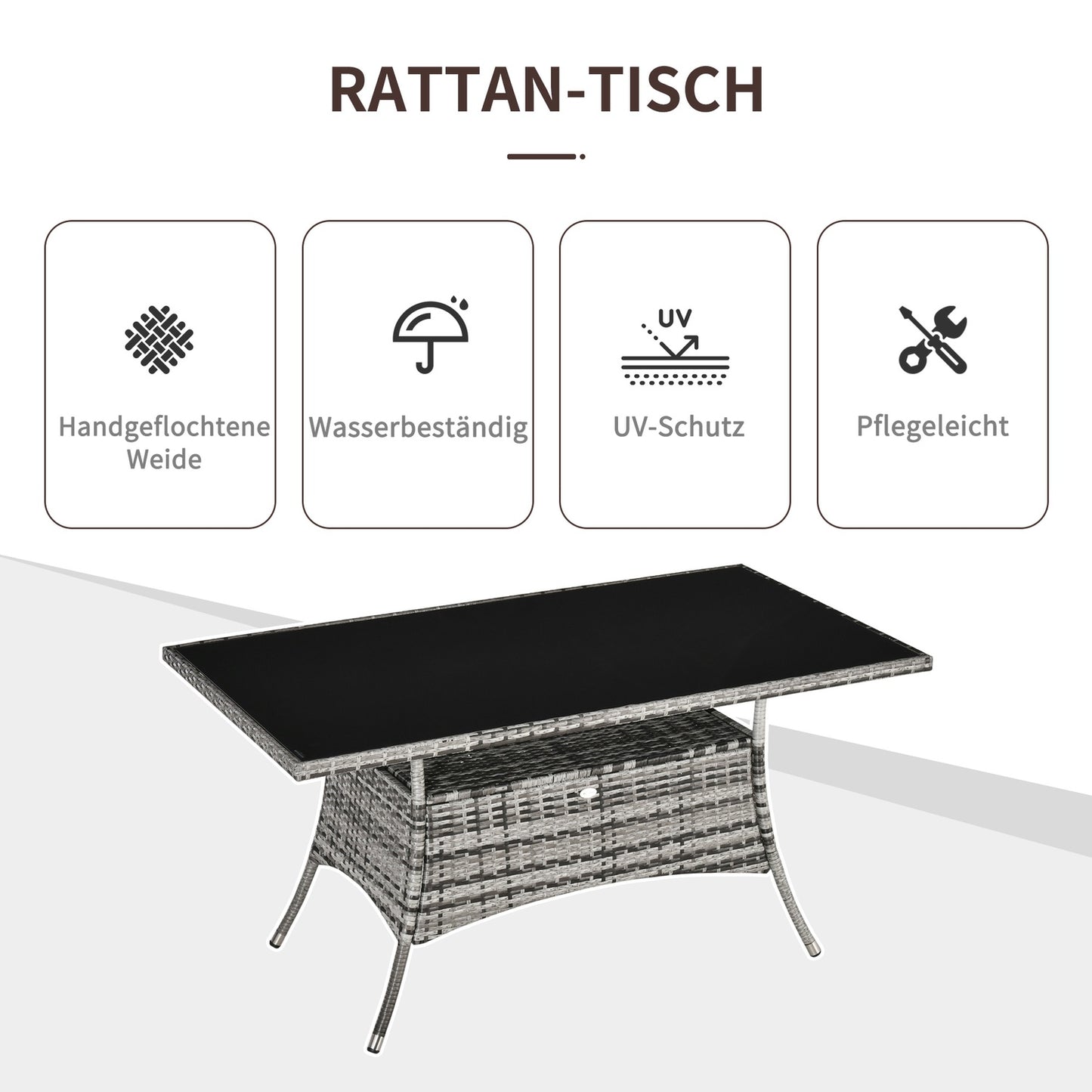 Outdoor dining table, Glass top, Polyrattan, 150x85x74 cm