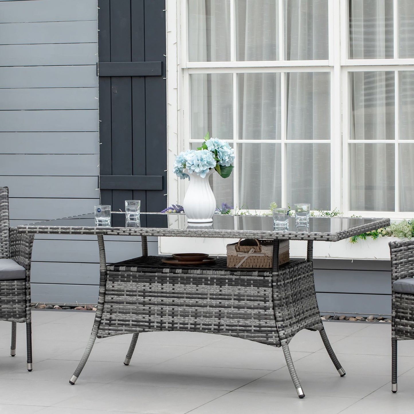 Outdoor dining table, Glass top, Polyrattan, 150x85x74 cm