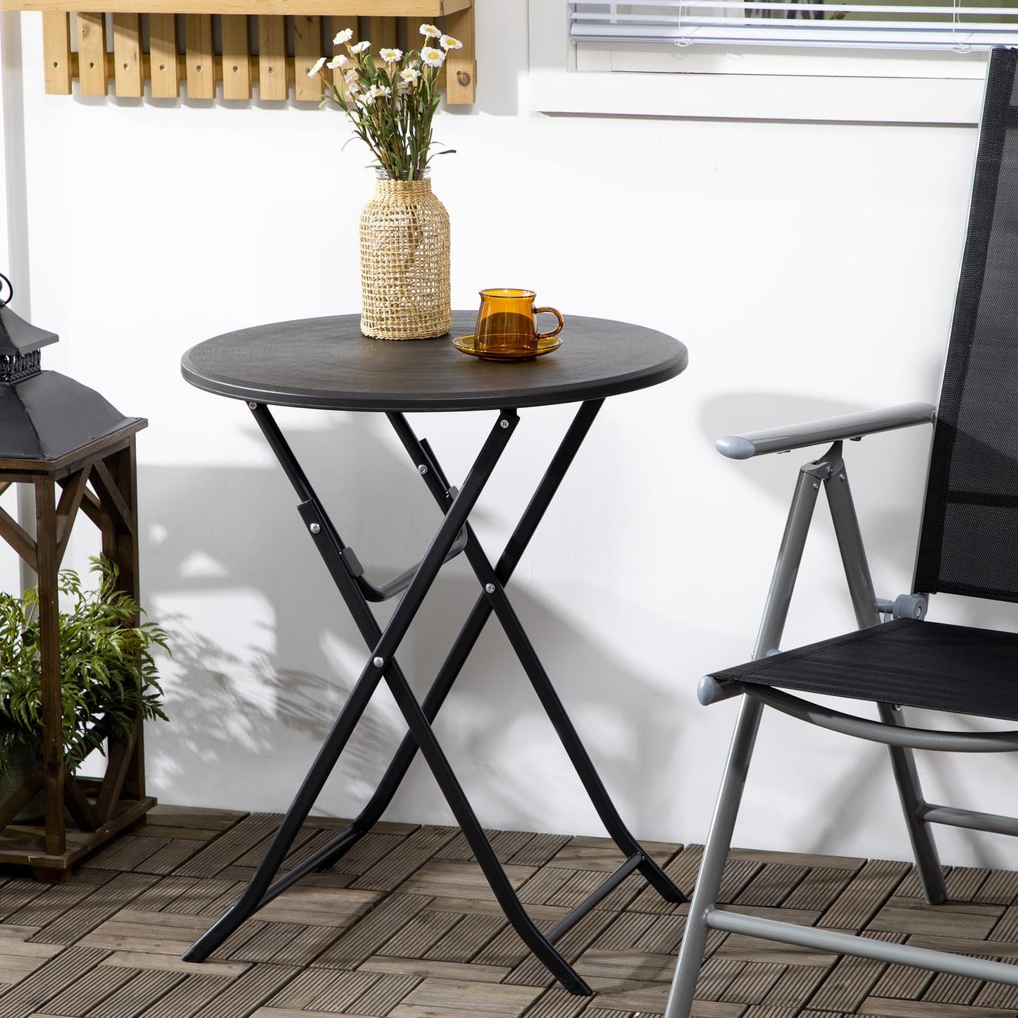 Round folding garden table - 60 cm, dark gray wooden look