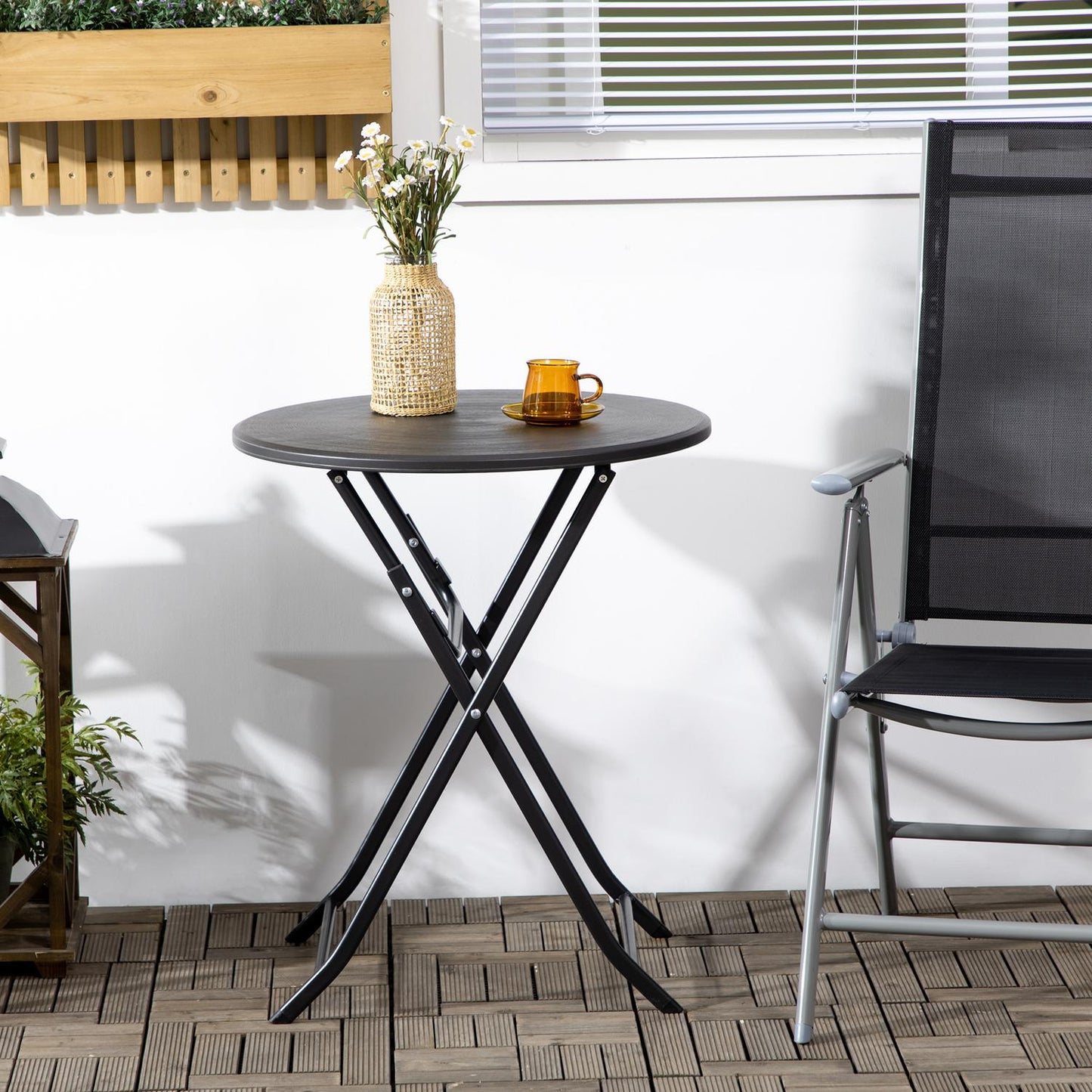 Round folding garden table - 60 cm, dark gray wooden look
