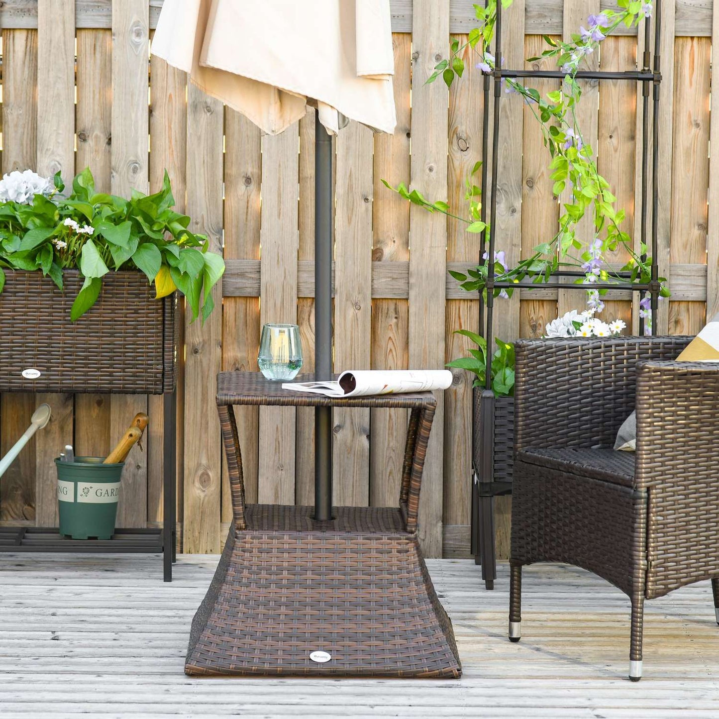 Garden table with parasol stand - Polyrattan, Brown, 54x54x55 cm
