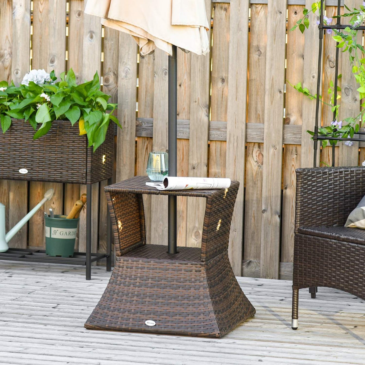 Garden table with parasol stand - Polyrattan, Brown, 54x54x55 cm