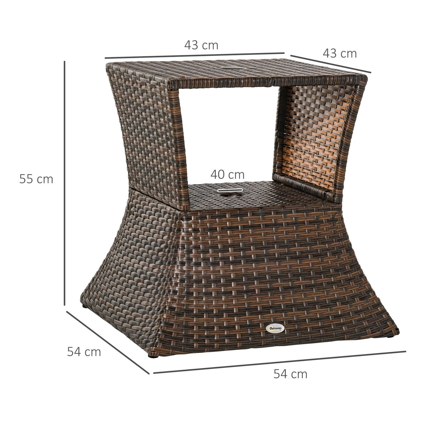 Garden table with parasol stand - Polyrattan, Brown, 54x54x55 cm