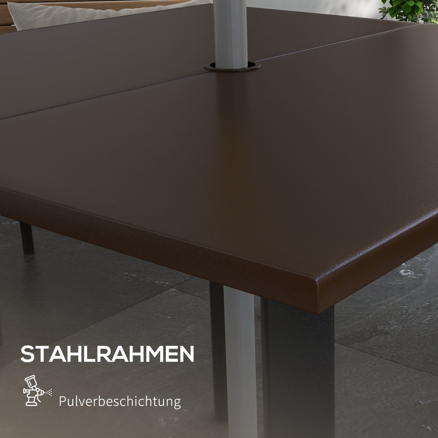 Square garden table with umbrella hole, steel, brown, seats 4