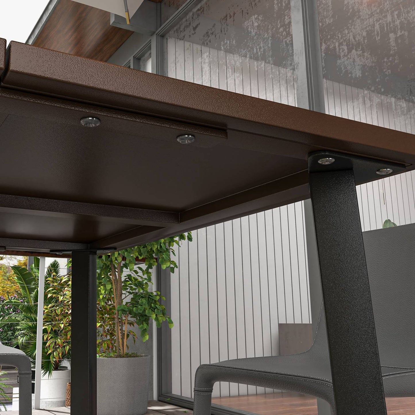 Square garden table with umbrella hole, steel, brown, seats 4