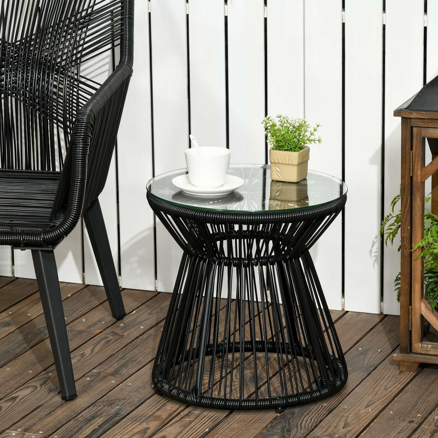 Round glass bistro table with hollow drum base, black