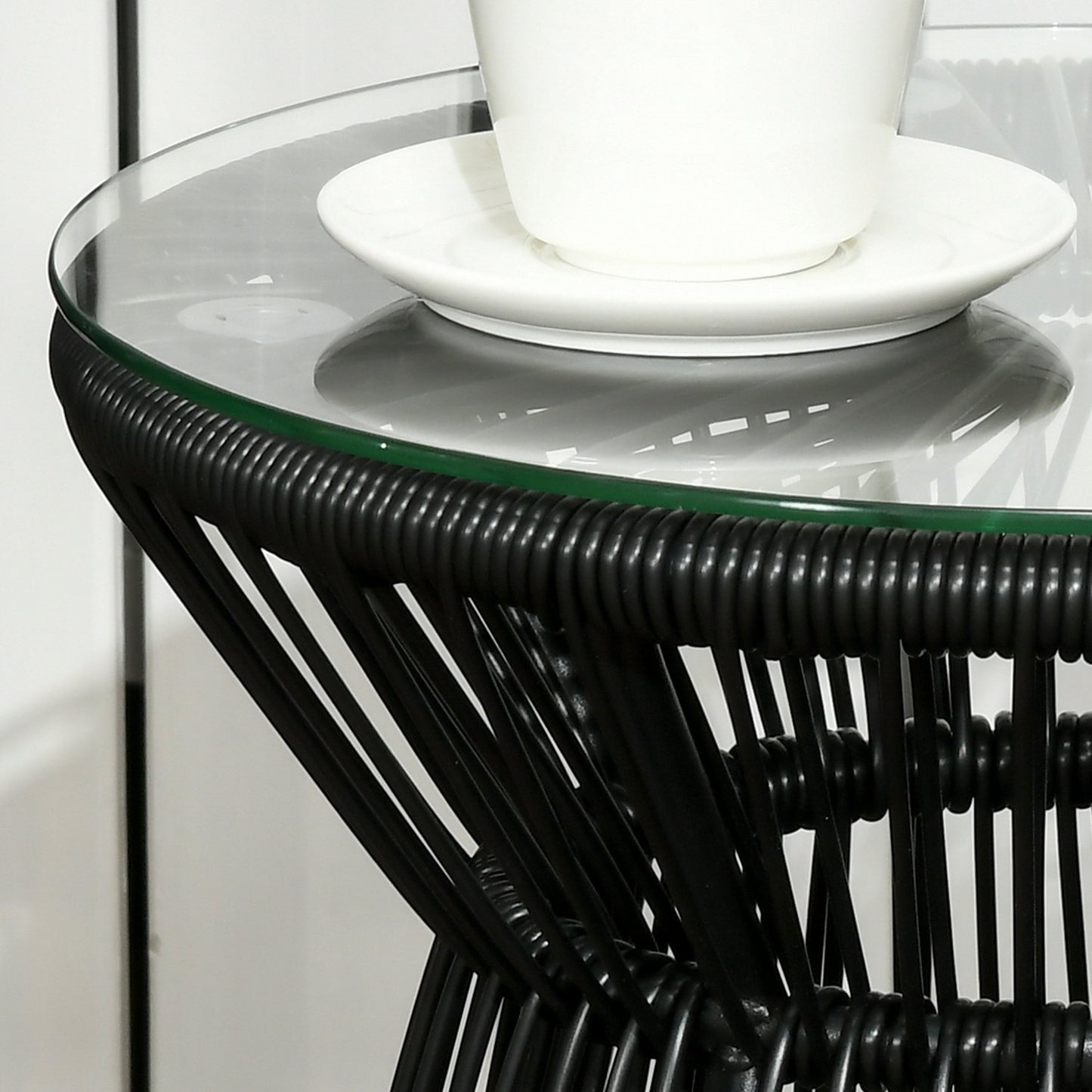 Round glass bistro table with hollow drum base, black