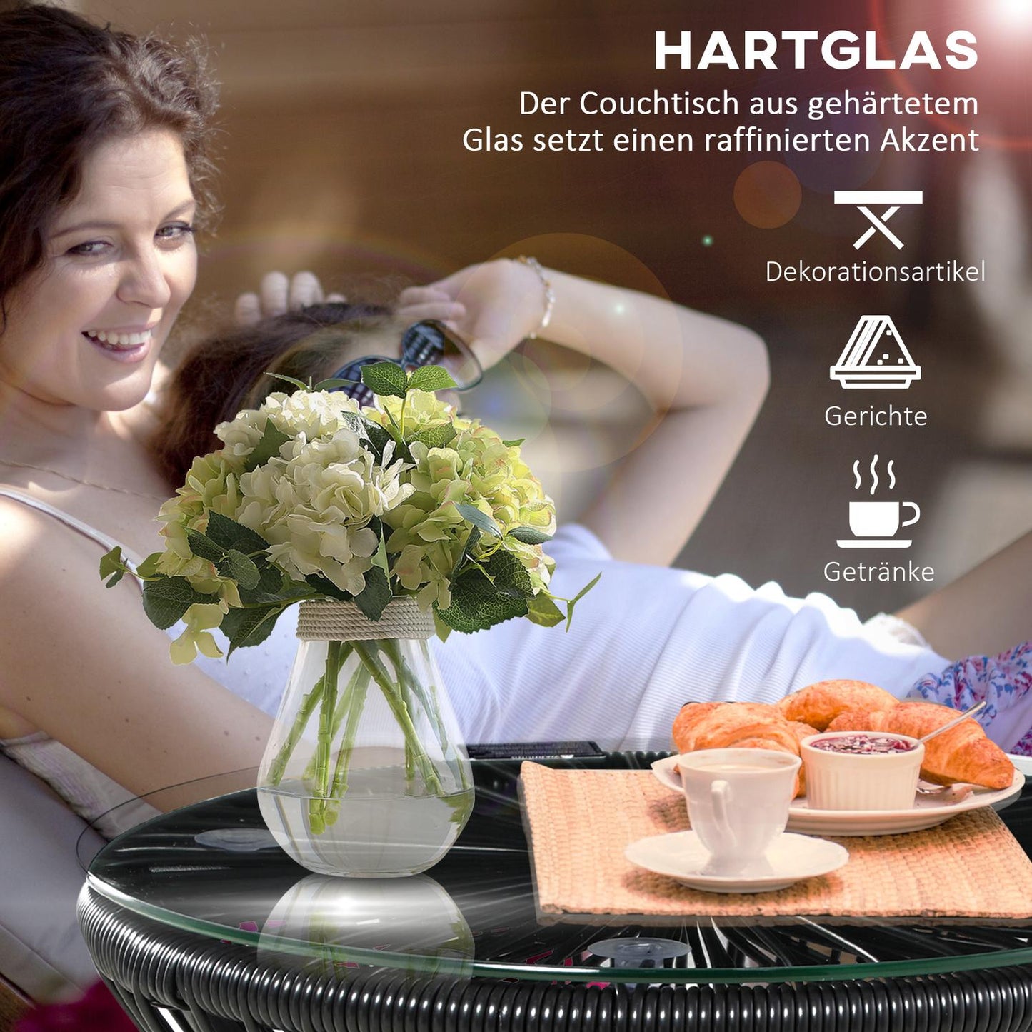 Round glass bistro table with hollow drum base, black