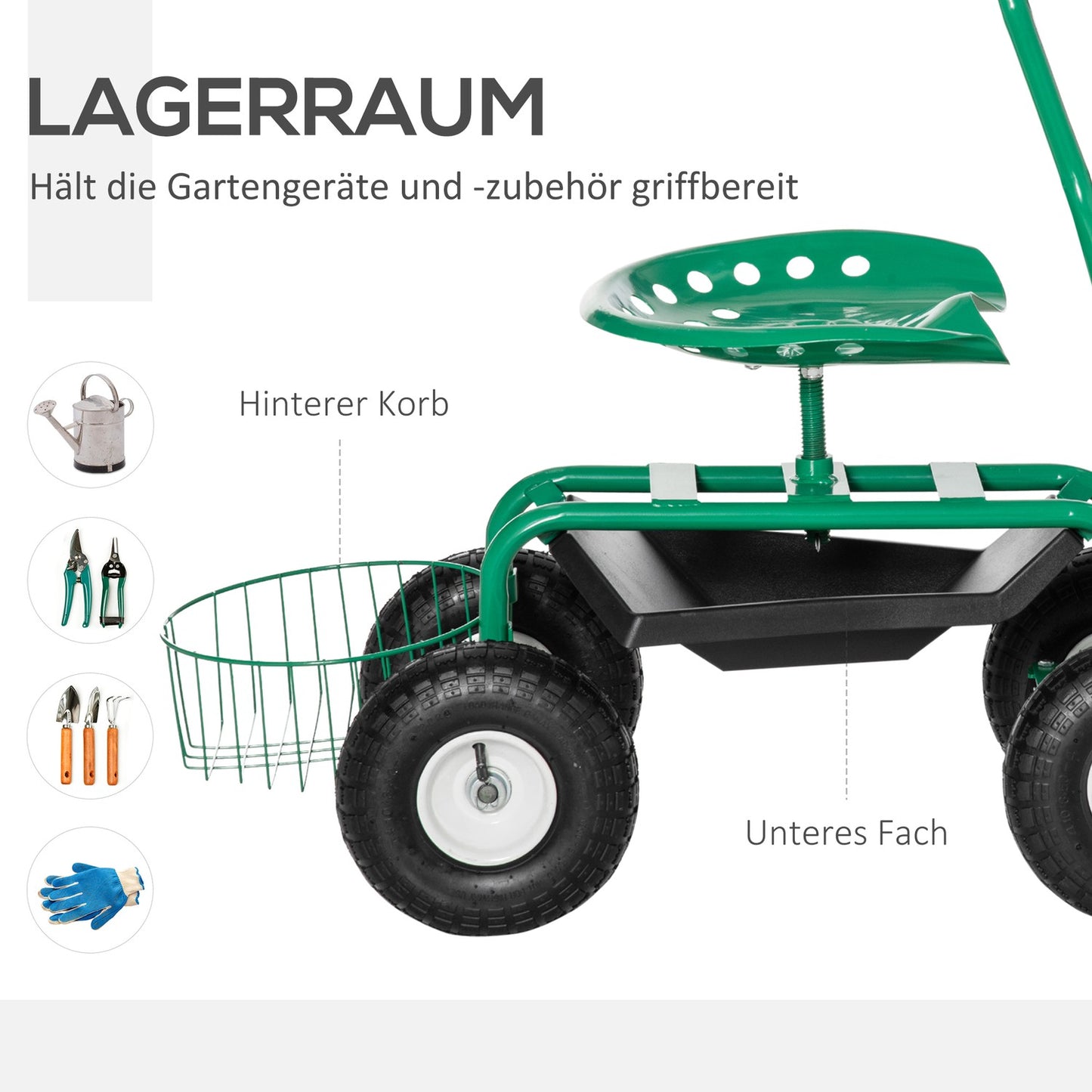 Garden trolley with swivel seat, adjustable, 150 kg capacity