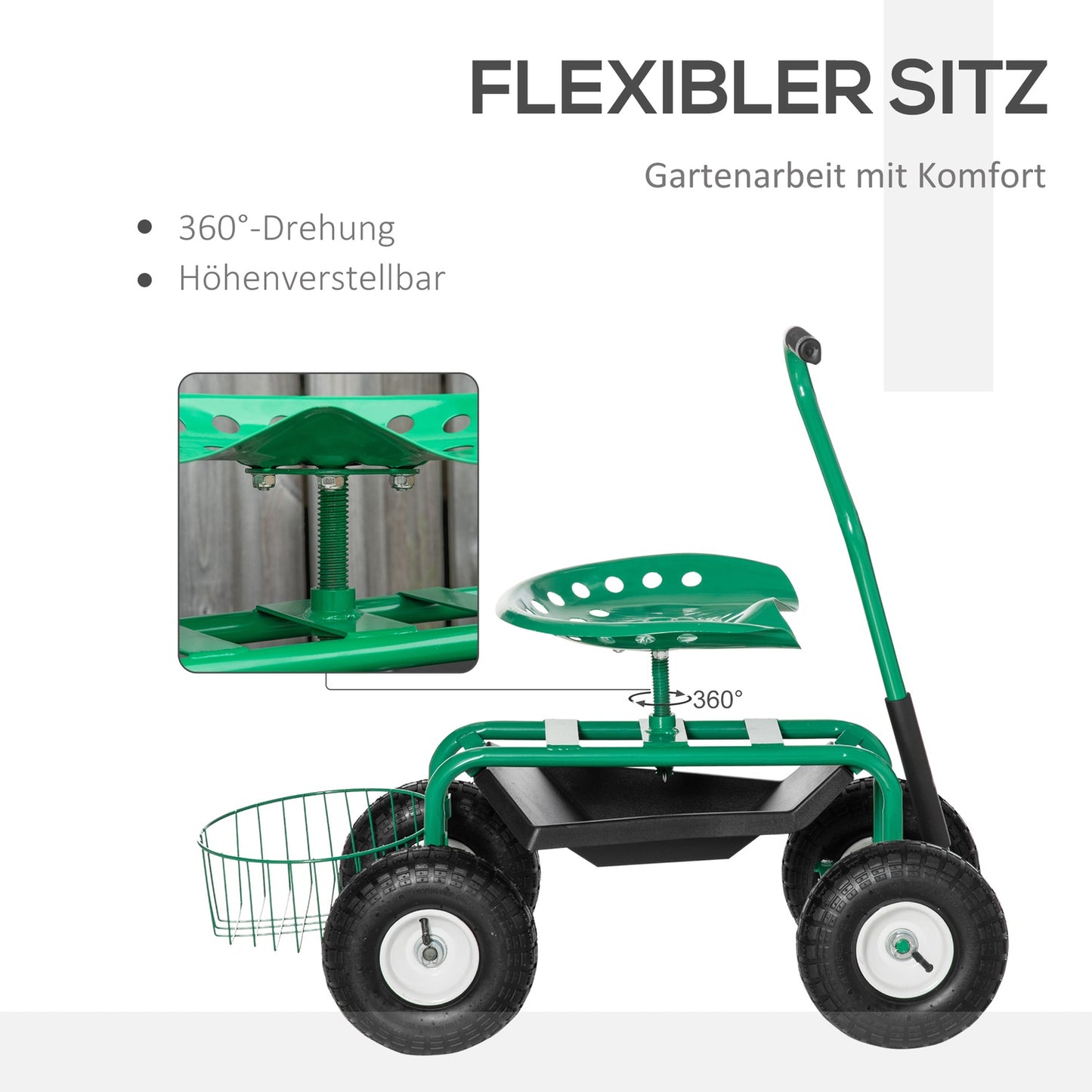 Garden trolley with swivel seat, adjustable, 150 kg capacity