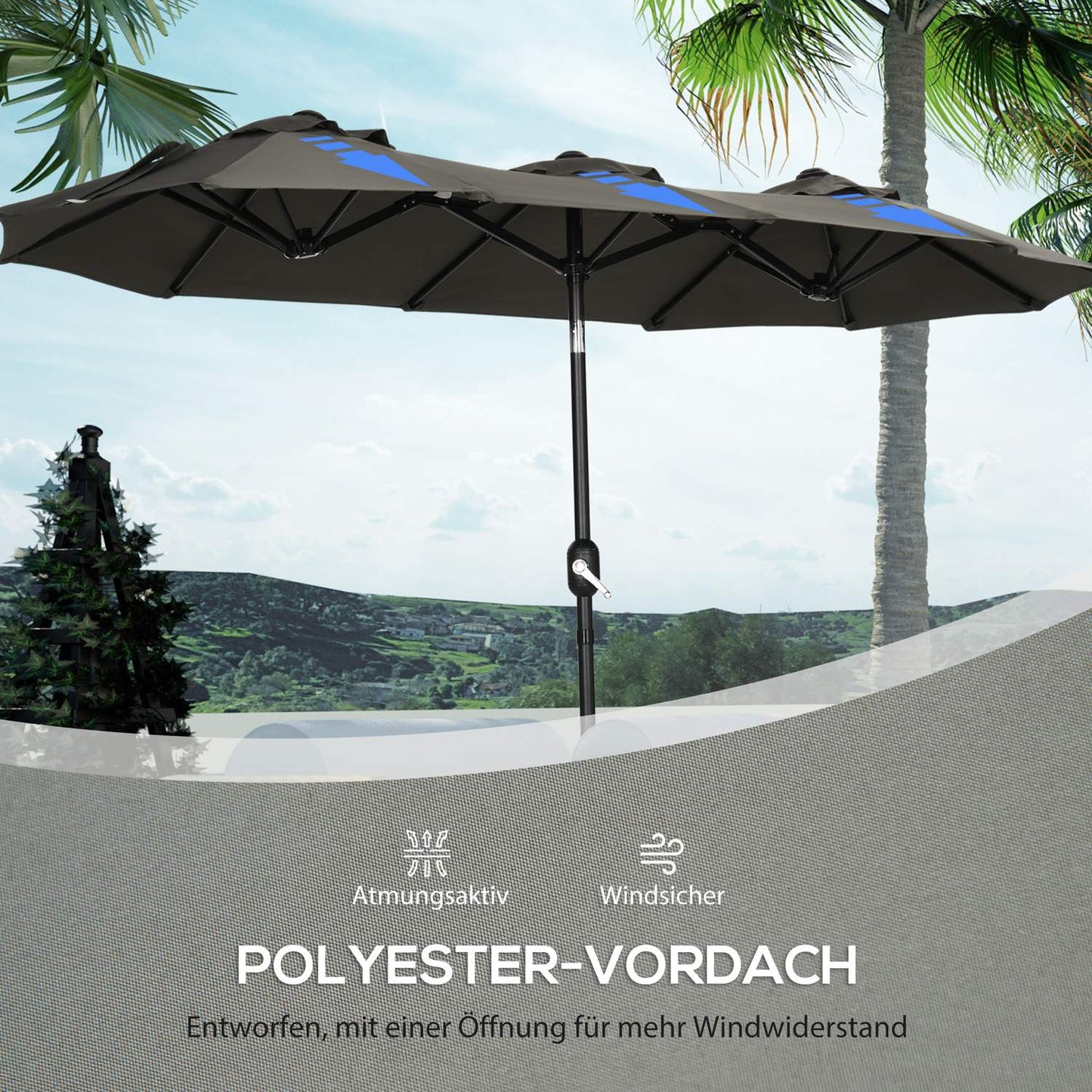 Garden parasol - Adjustable tilt, 285x147cm, Grey