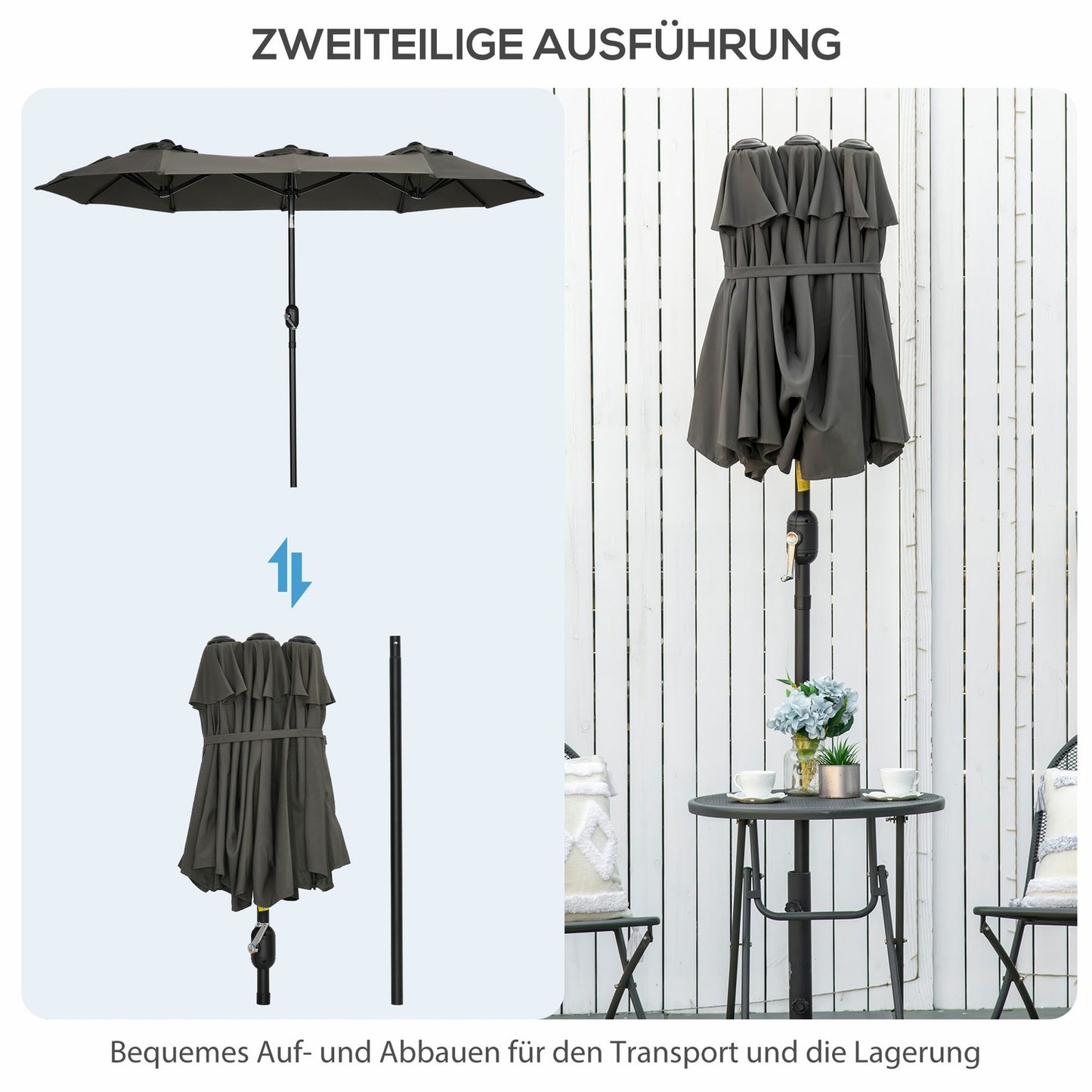 Garden parasol - Adjustable tilt, 285x147cm, Grey