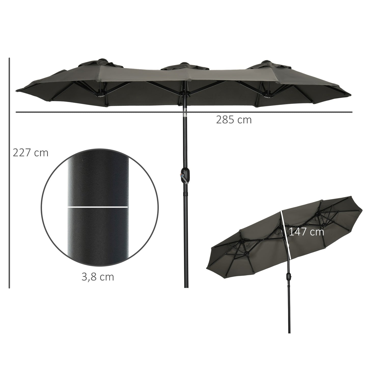 Garden parasol - Adjustable tilt, 285x147cm, Grey