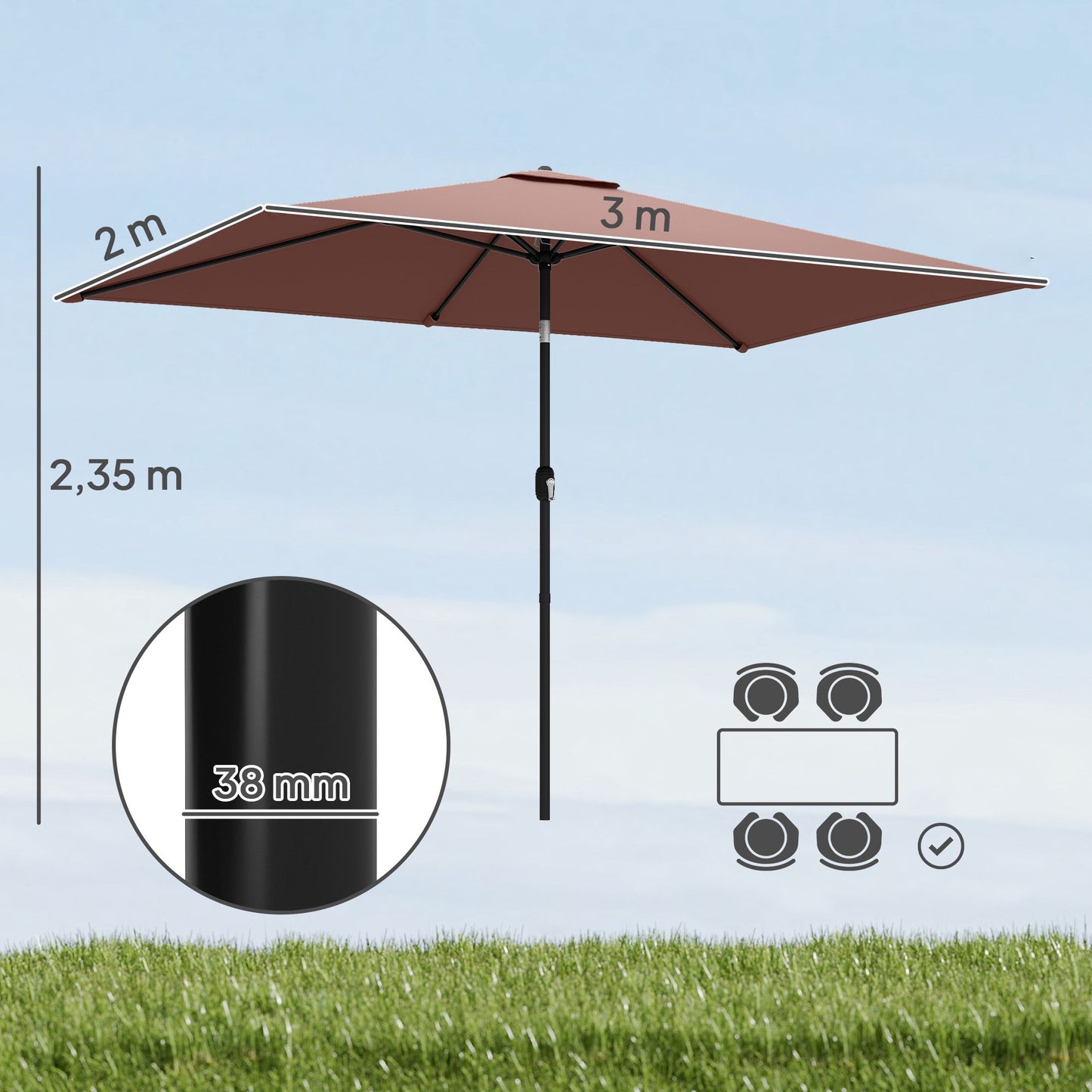 Garden Umbrella, Adjustable Tilt, 300x200 cm, Brown/Black