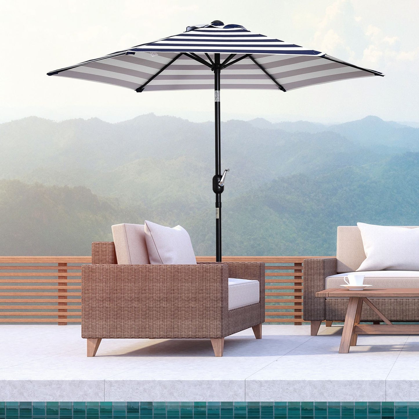 Outdoor garden umbrella - Steel frame, blue stripes, Ø230 cm